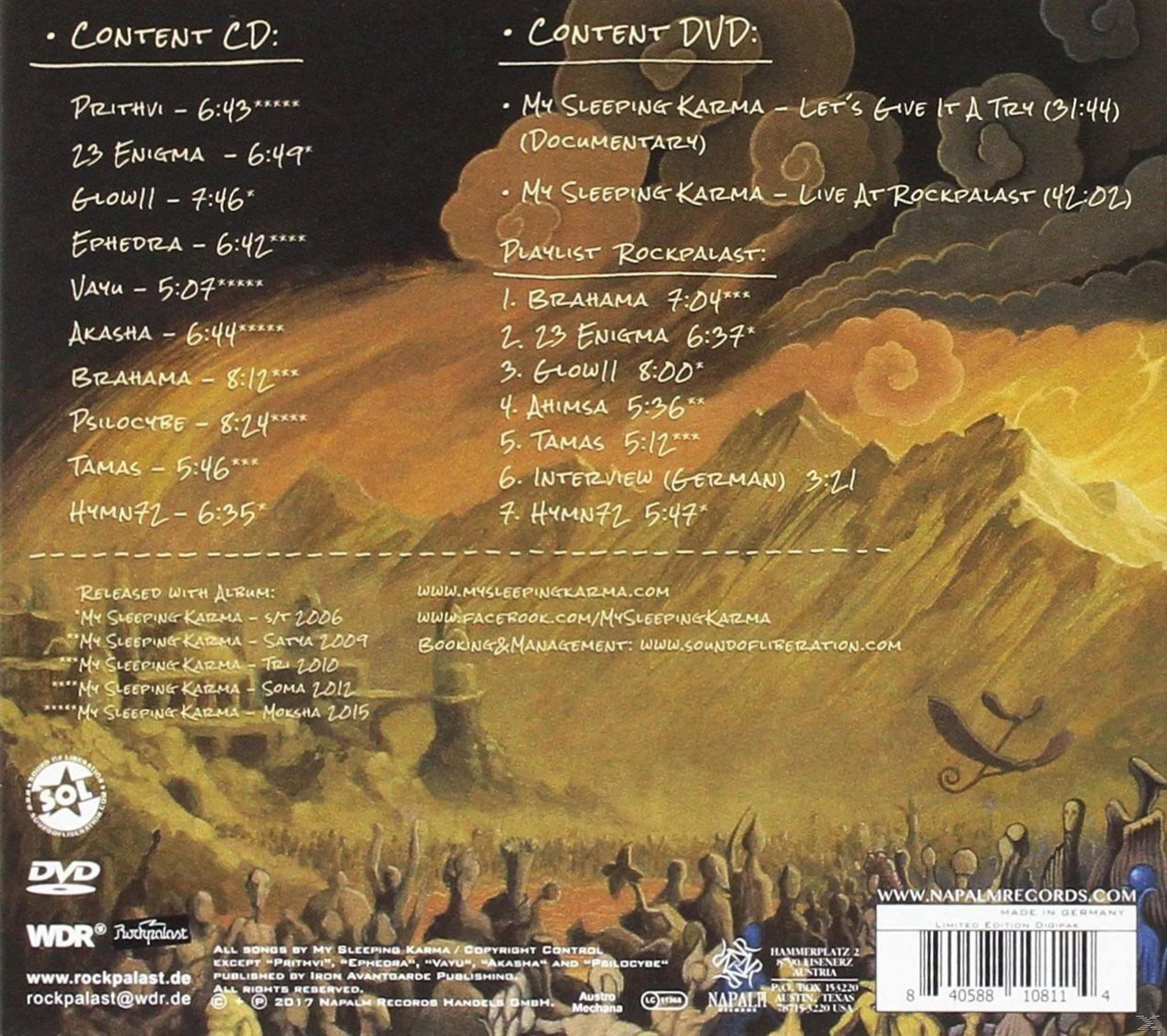 Lists of CD and DVD content with song titles and durations; mountain and cloud background.
