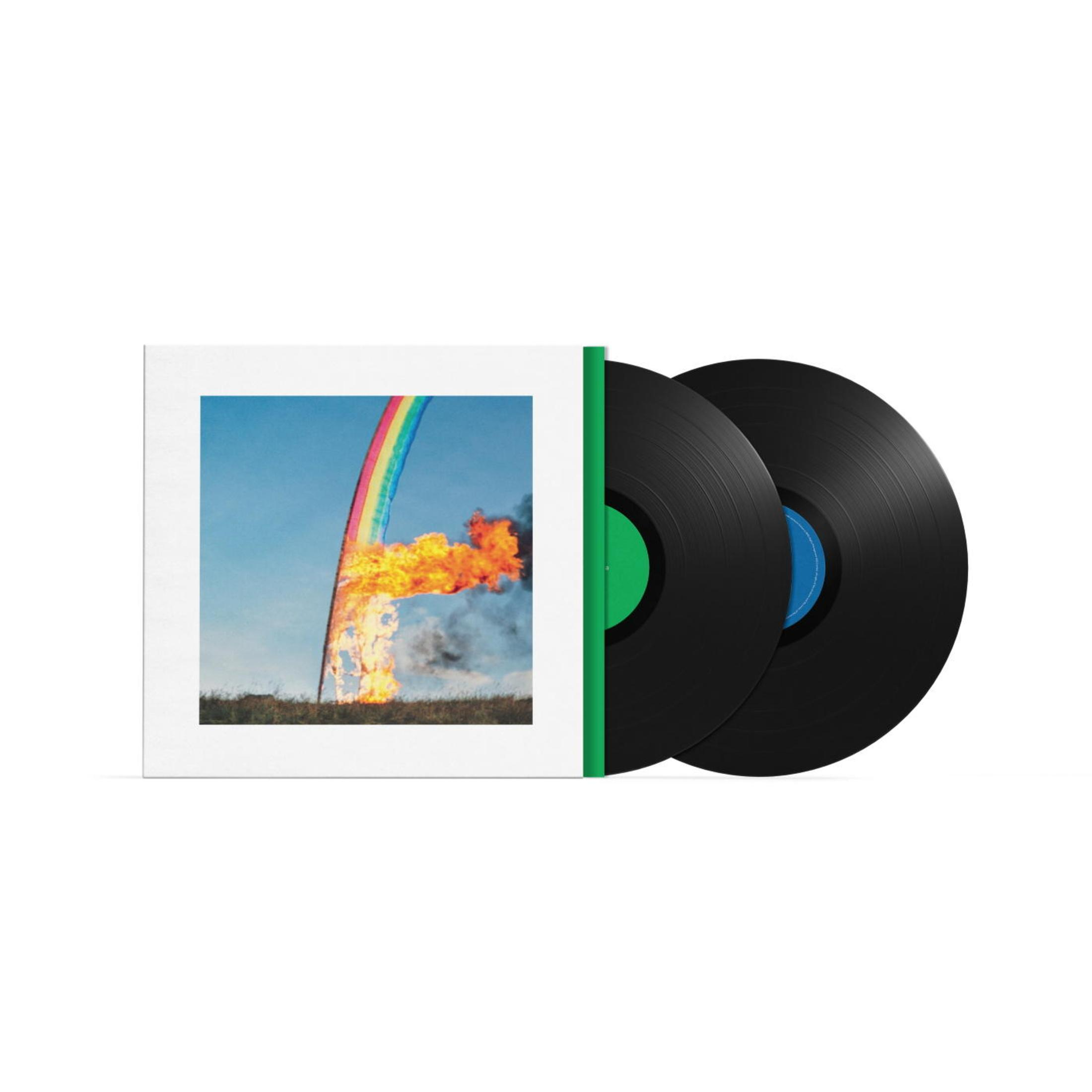 Disco con copertina: arcobaleno in fiamme, due vinili neri.