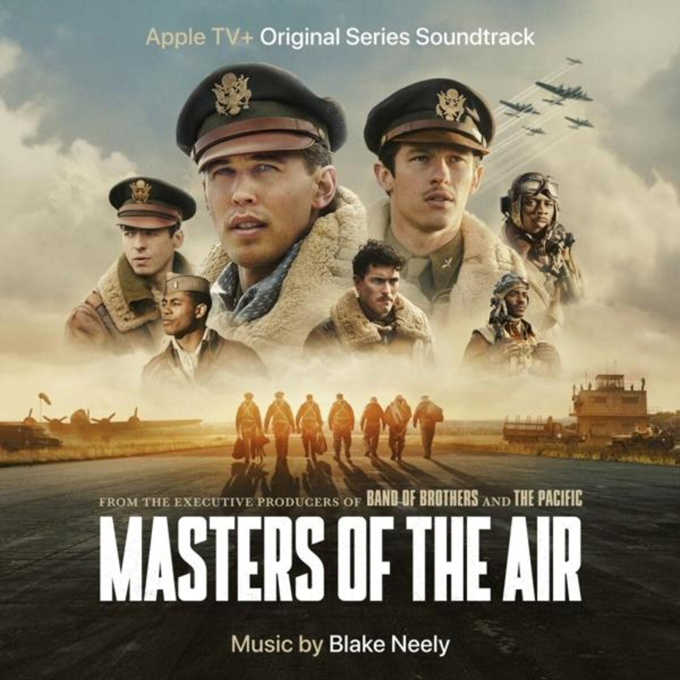 Poster di Masters of the Air: Piloti in primo piano, aerei nel cielo, testo in basso.