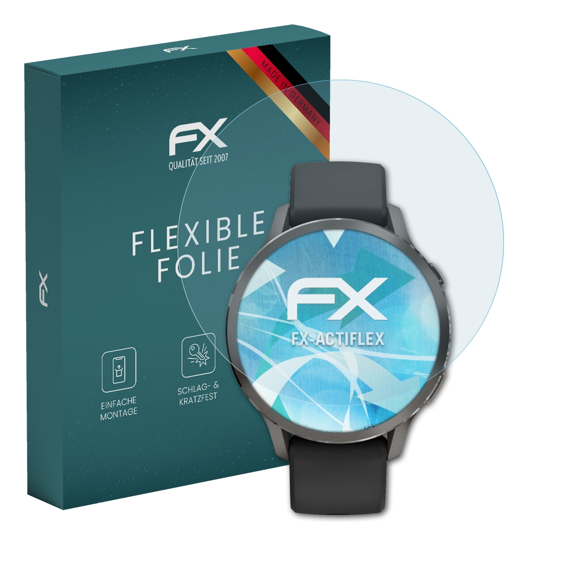 FX flexible Folie für Smartwatch, mit Verpackung und Schutzfolie.