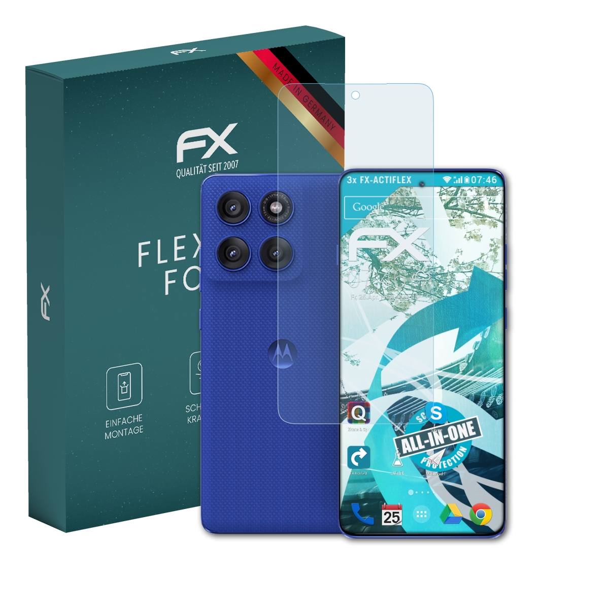 Ein blauer Karton mit "FX" Logo, ein blaues Handy mit vier Kameras und eine Schutzfolie.
