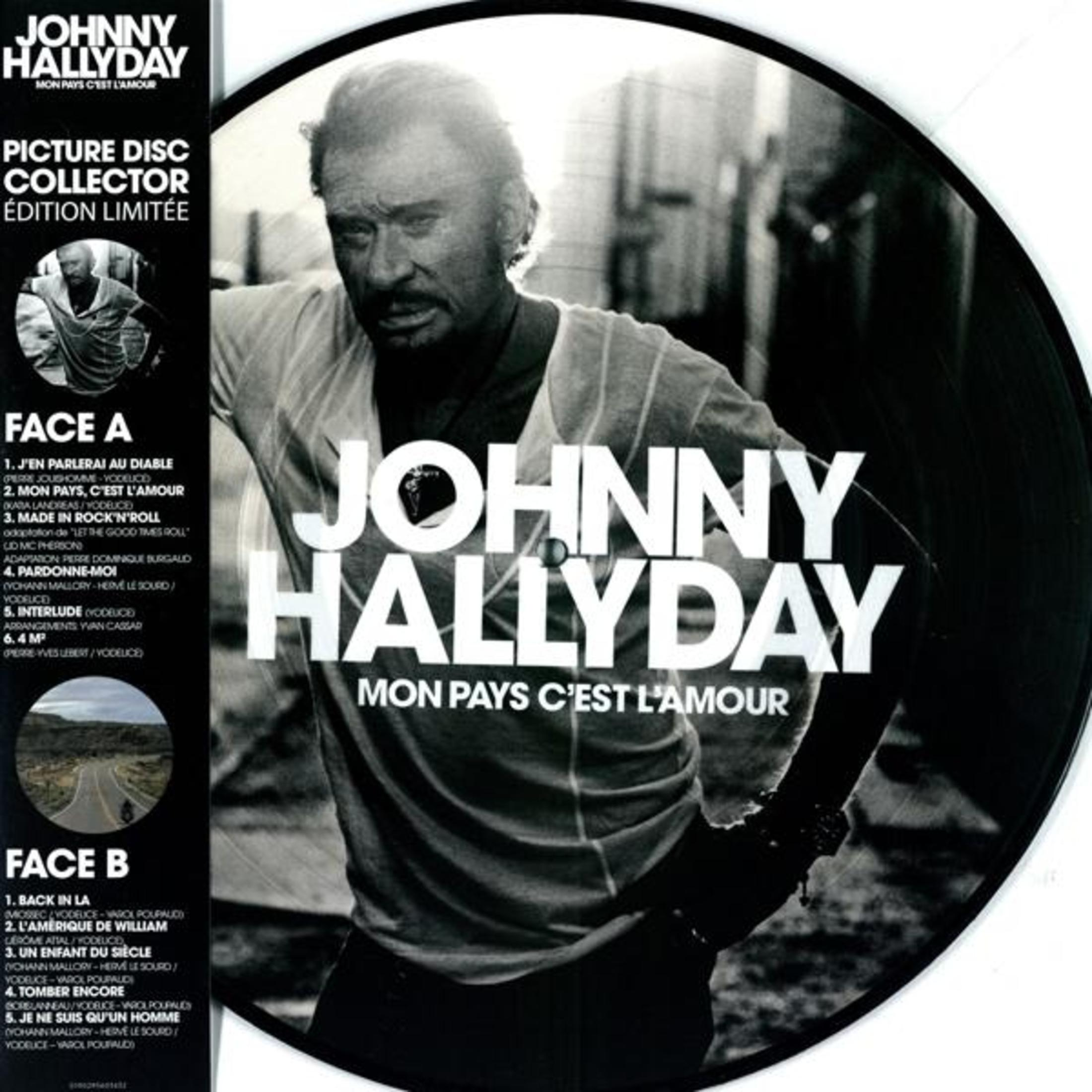 Disco in vinile di Johnny Hallyday con il suo ritratto e lista canzoni. Bianco e nero.