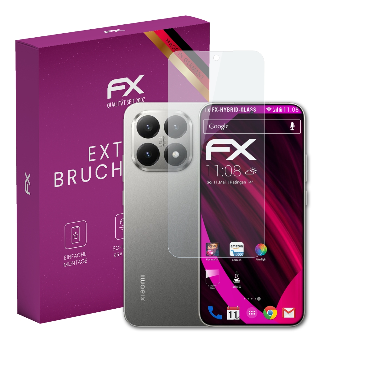 Lila Verpackung mit FX Logo, neben einem Smartphone mit Displayschutzfolie.