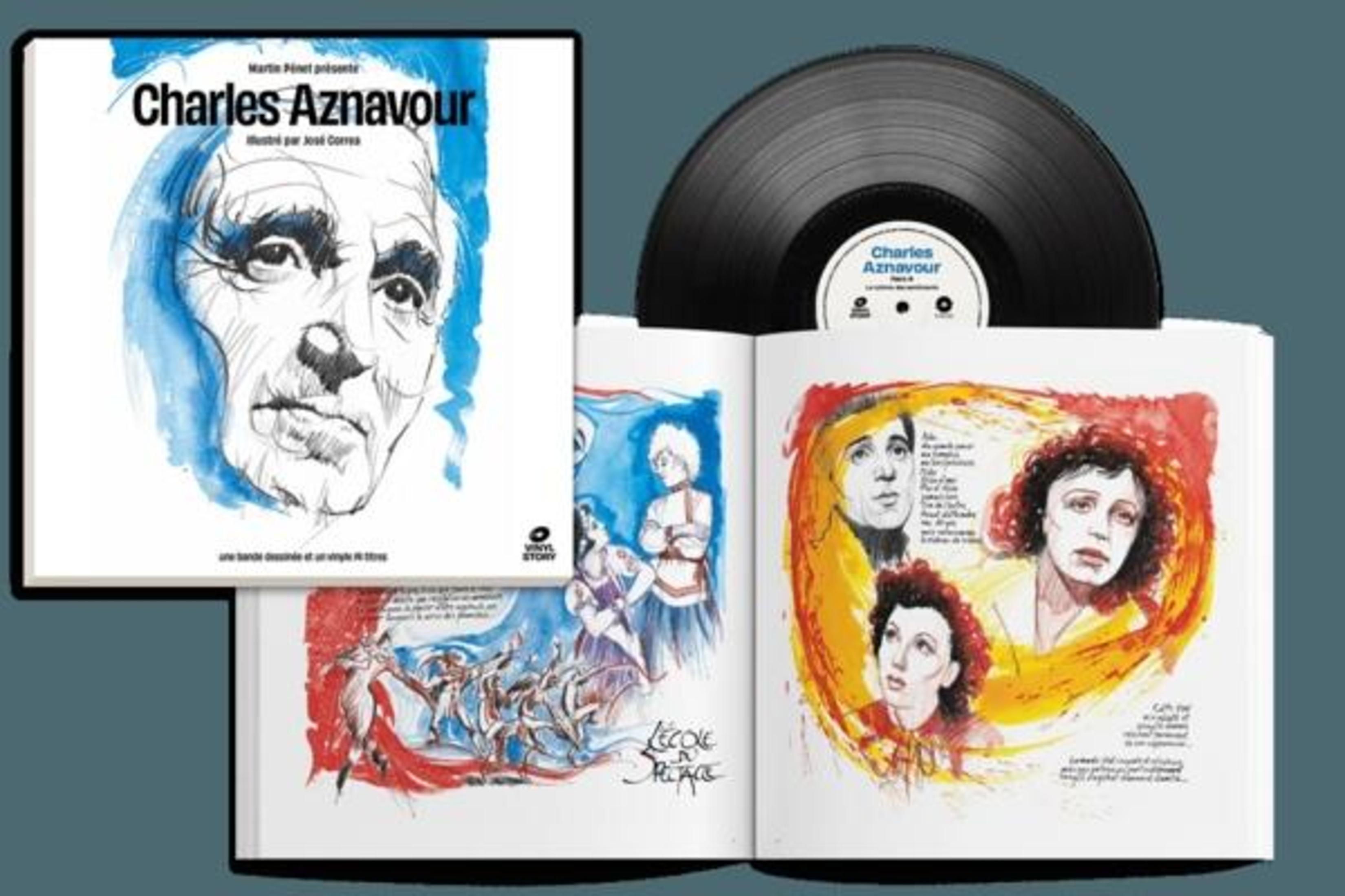 Un libro con illustrazioni e un disco di Charles Aznavour.