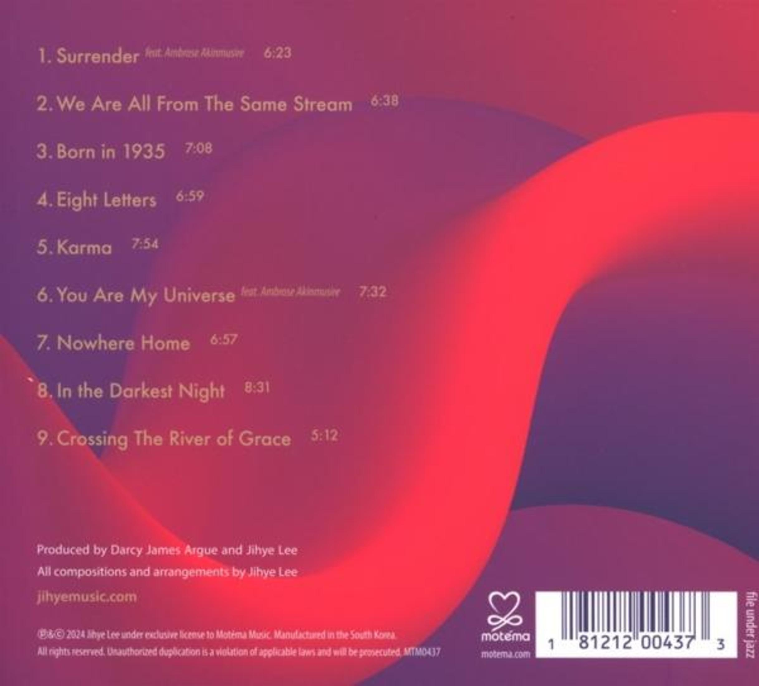 Elenco tracce album con titoli e durate su sfondo rosso violaceo.