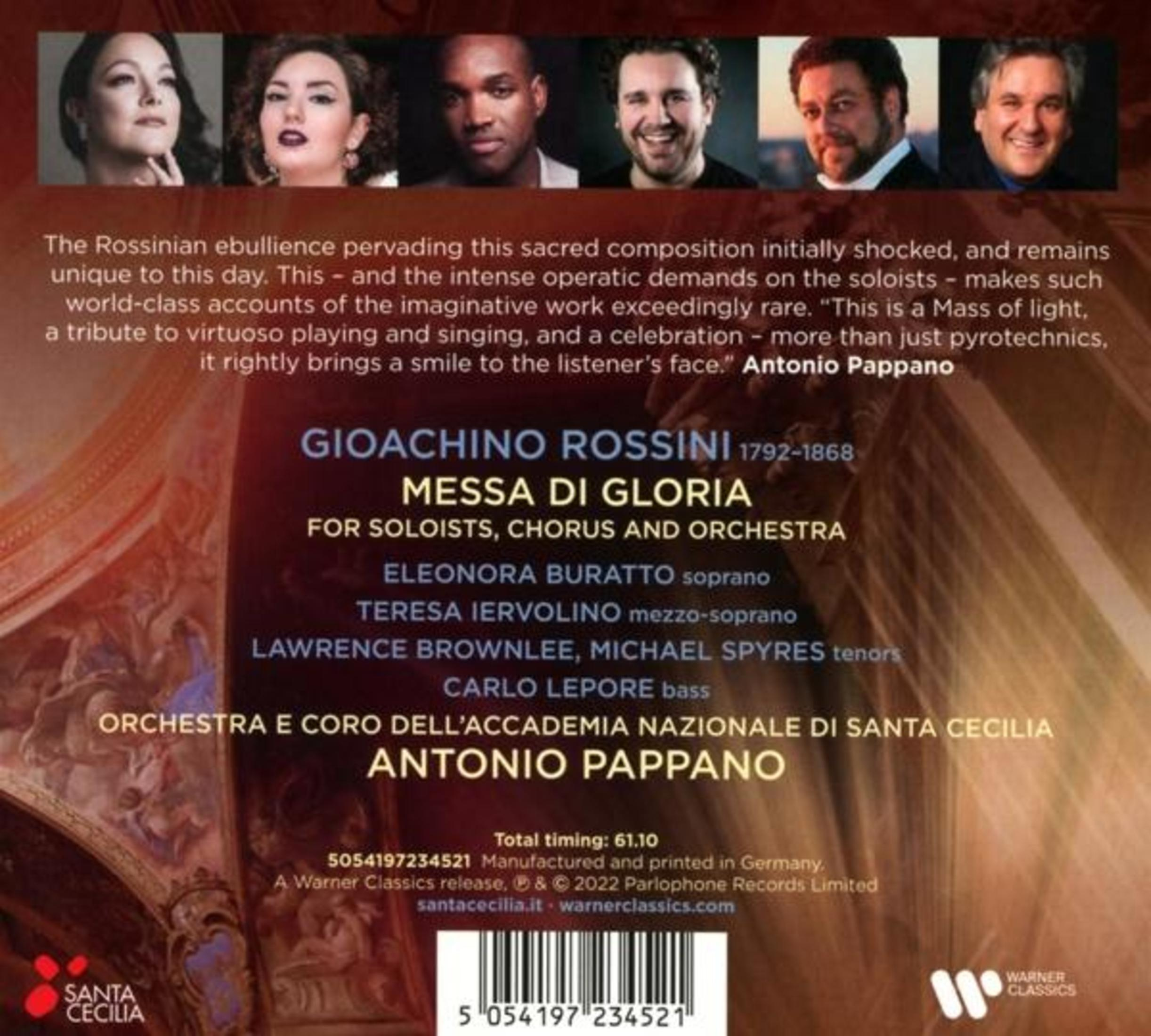 Copertina dell'album con ritratti di cantanti e testo per la Messa di Gloria.