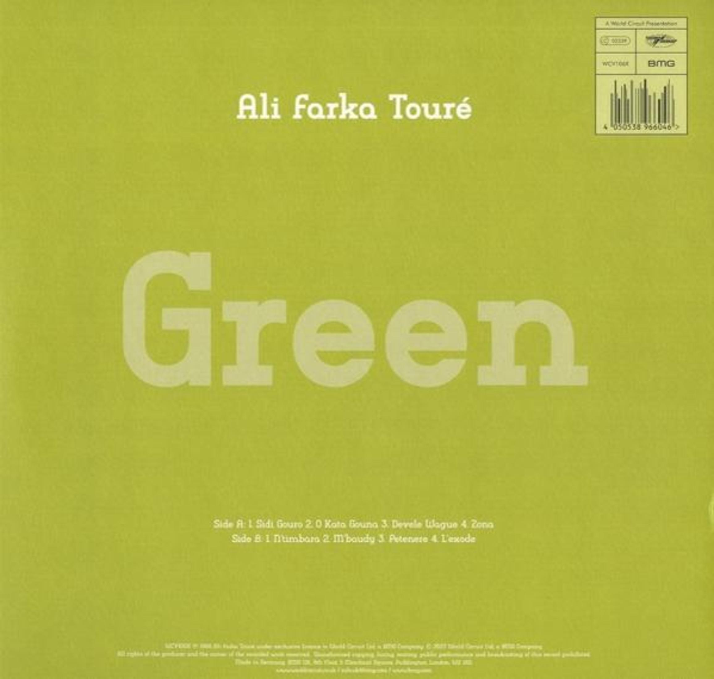 Copertina album con testo bianco 'Ali Farka Touré Green' su sfondo verde chiaro.