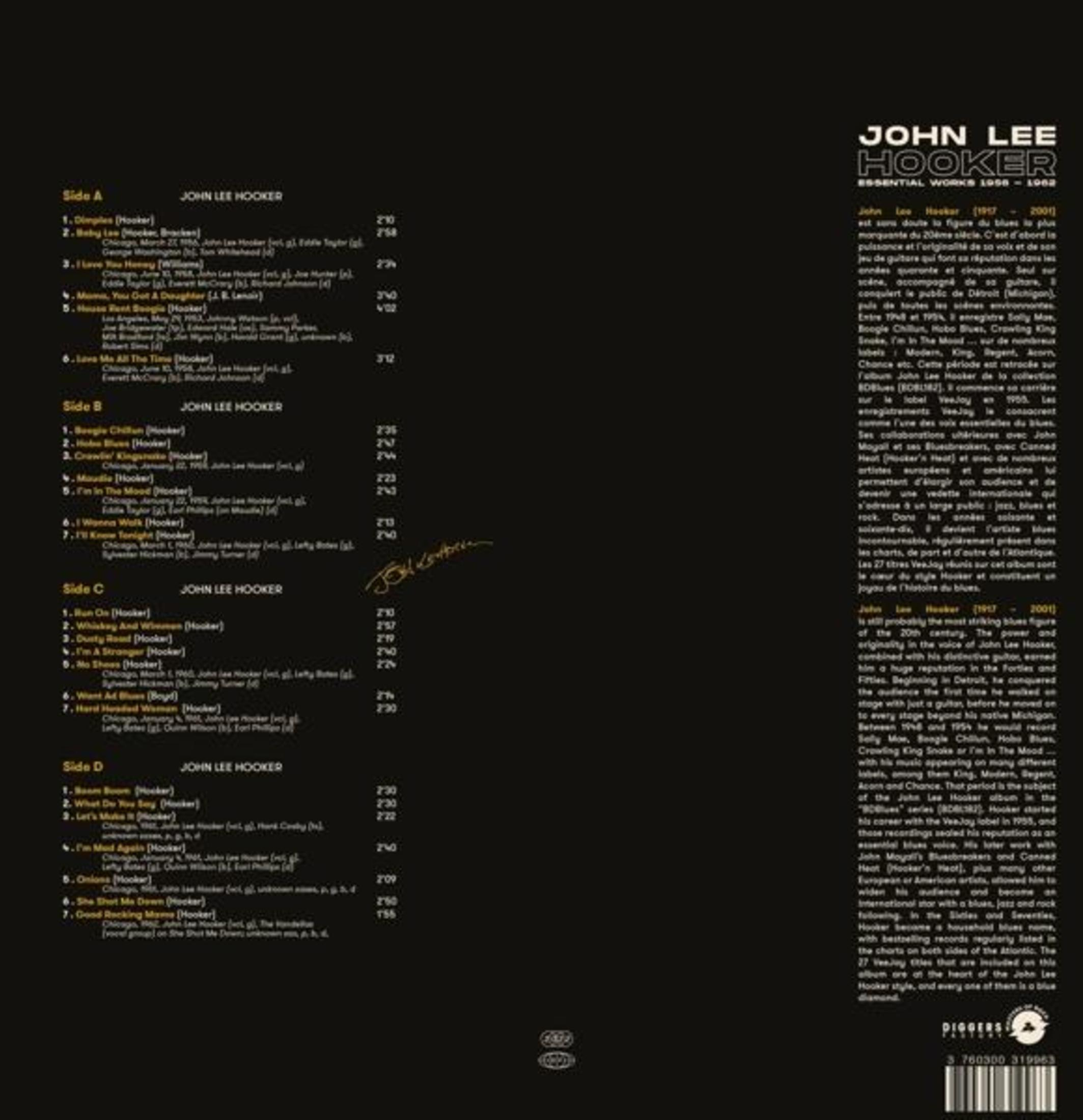 Copertina dell'album con l'elenco delle canzoni di John Lee Hooker. Nero con testo bianco.