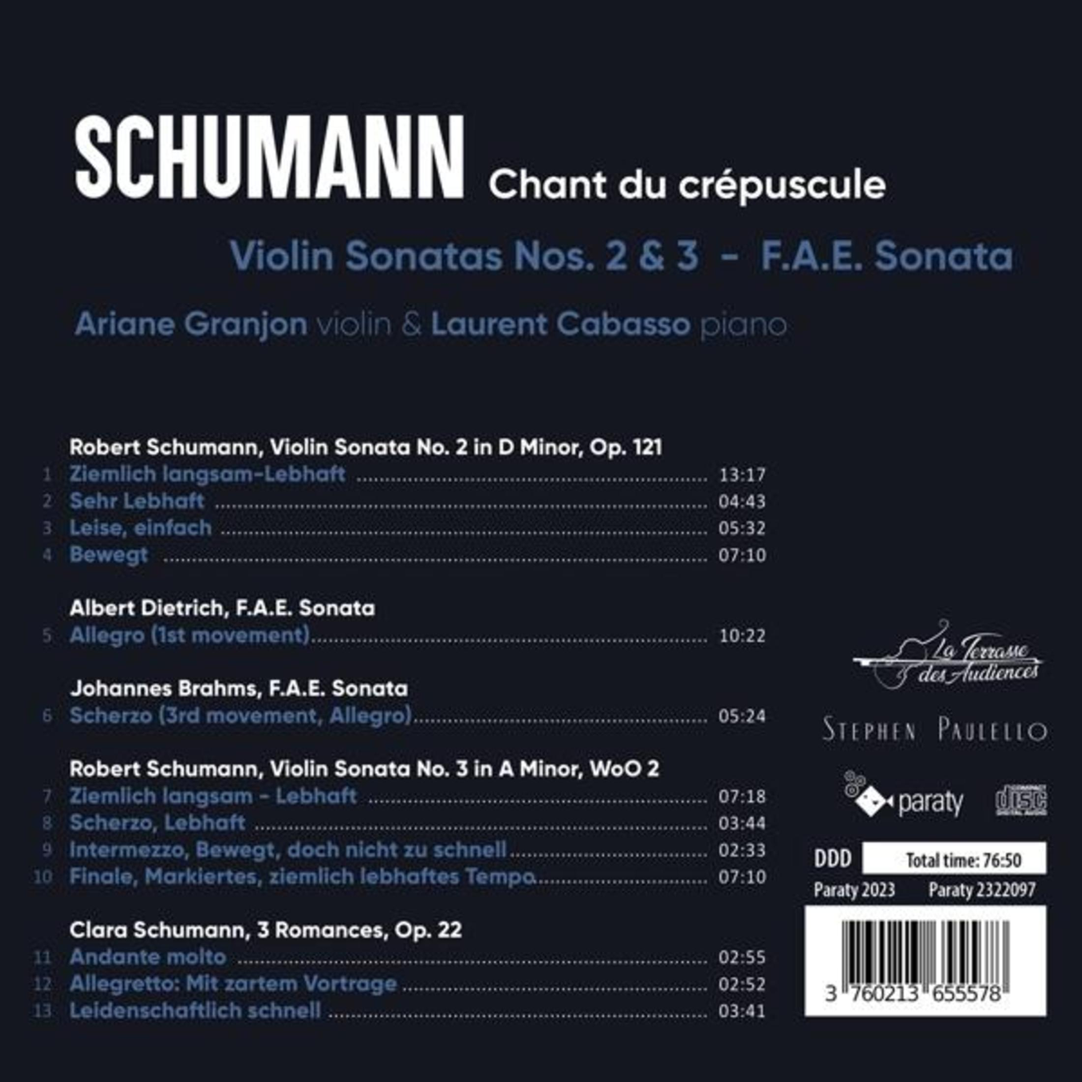Copertina dell'album con tracklist: Schumann, Sonate per violino, opere di Dietrich e Brahms.