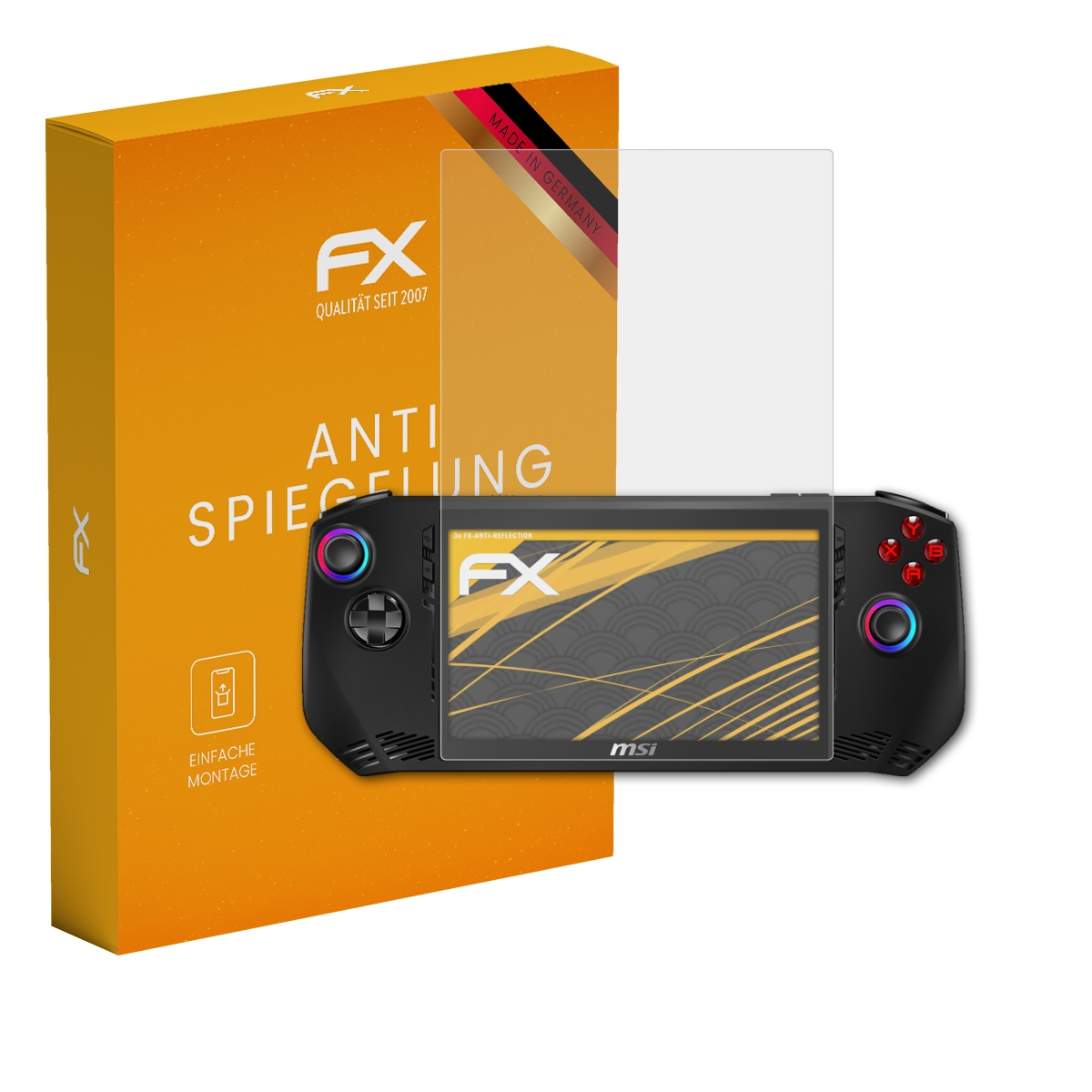 Ein orangefarbener Karton mit FX-Logo und ein Handheld-Gerät mit Bildschirmschutz.