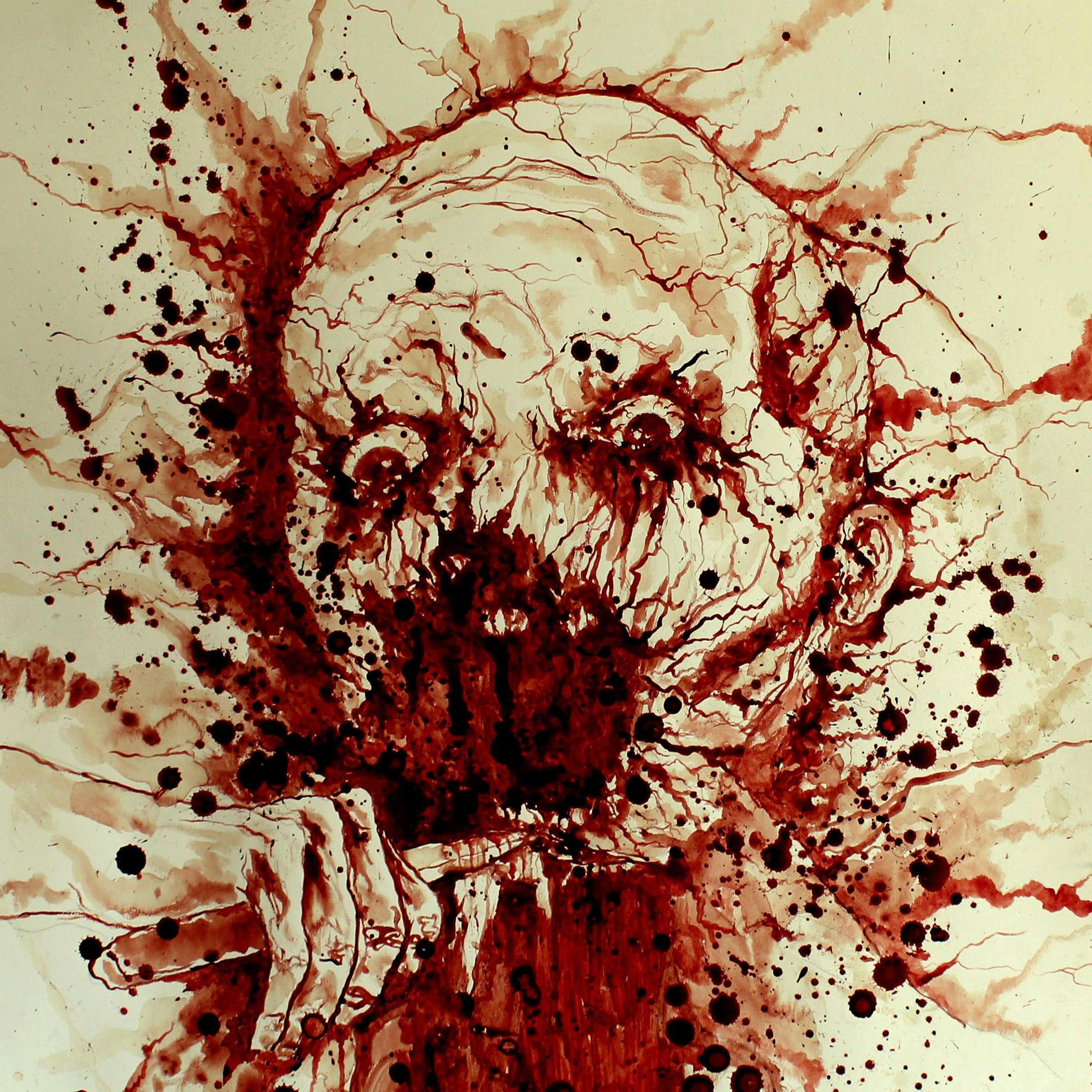 Arte astratta con schizzi di sangue rosso e linee su sfondo chiaro.
