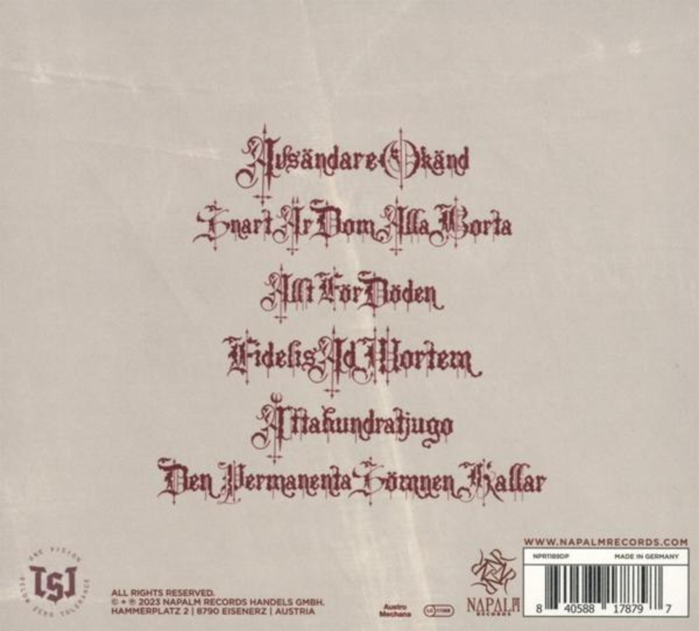 Copertina posteriore dell'album con titoli di canzoni in carattere gotico e codice a barre.