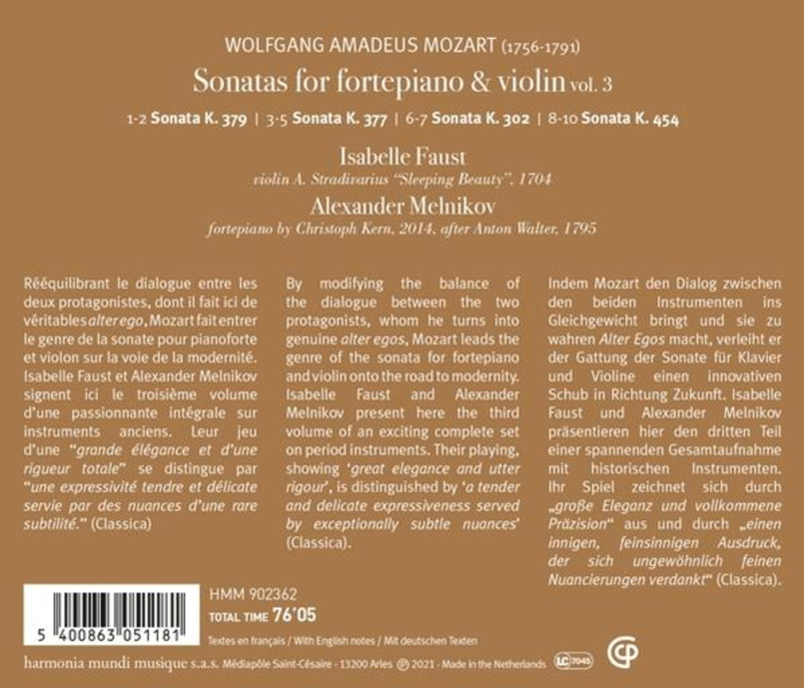 Sonate di Mozart per fortepiano e violino Vol. 3 con Isabelle Faust e Alexander Melnikov.