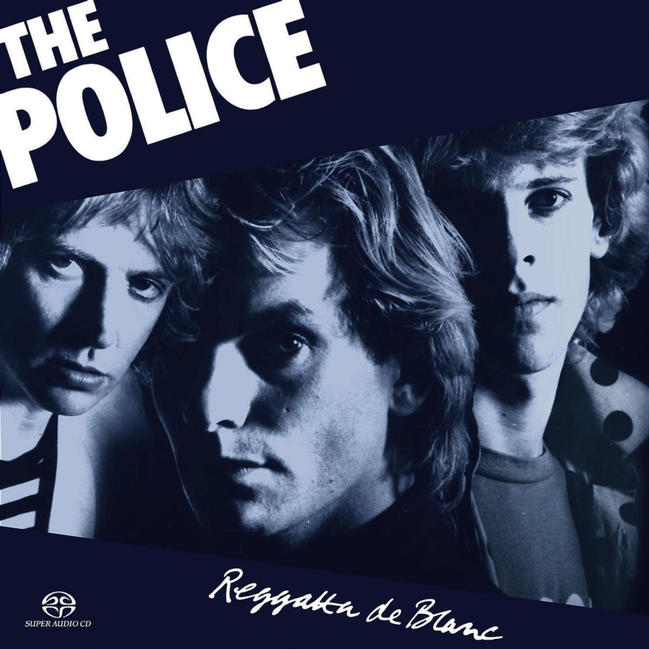 La band "The Police" con testo "Reggatta de Blanc". Tre uomini in ritratto.