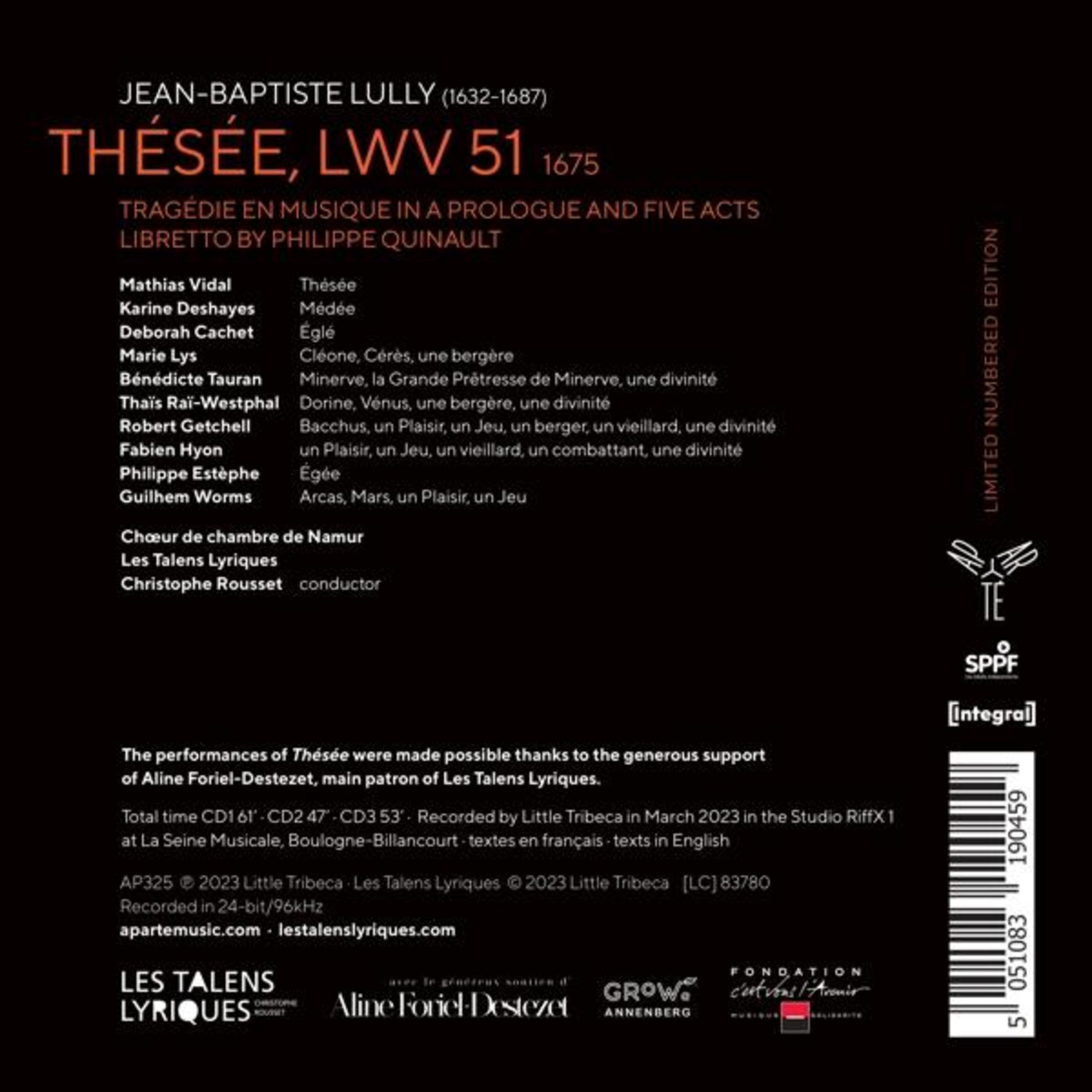 Copertina album "Thésée" di Lully, cast e dettagli produzione.