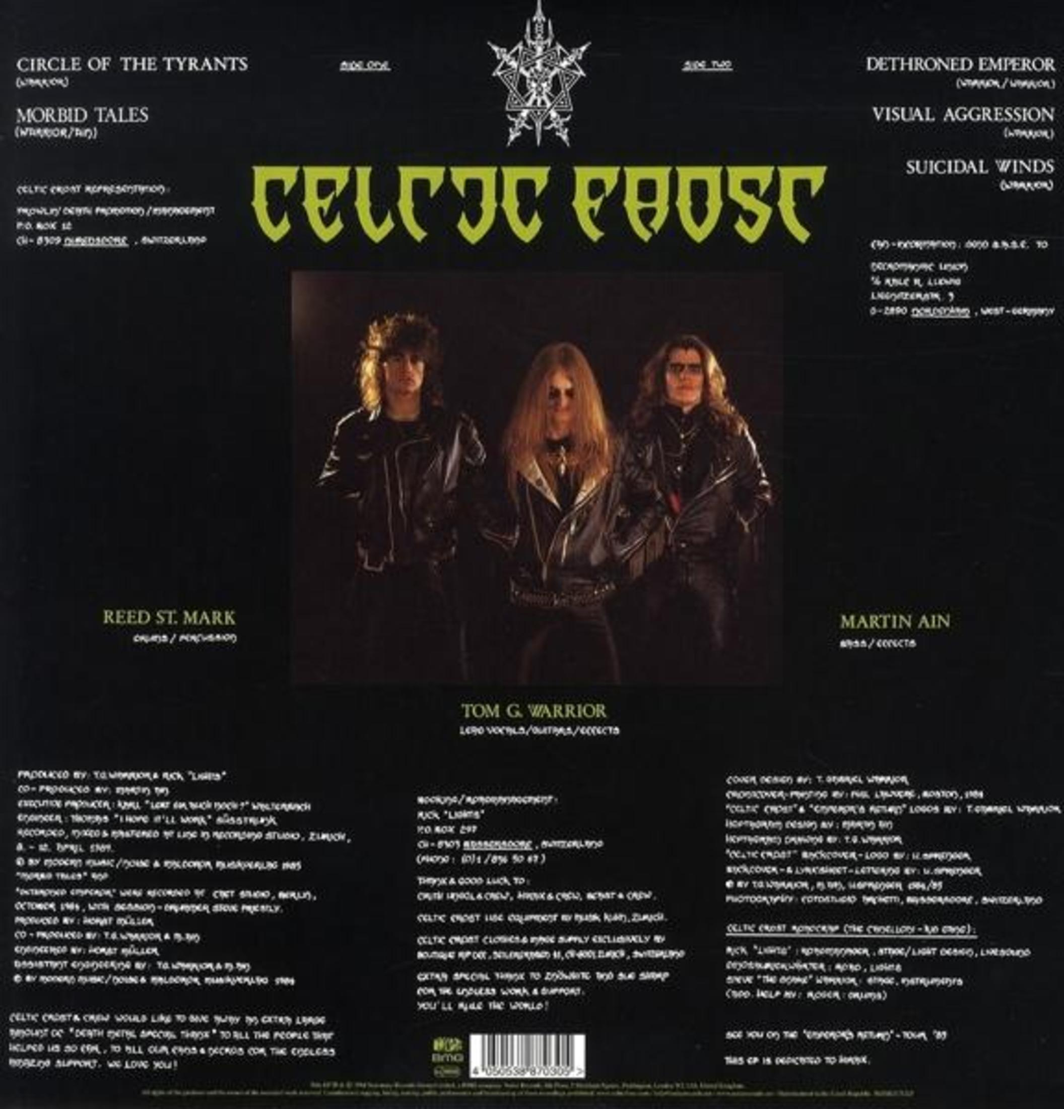 La copertina mostra tre uomini in giacche di pelle con il nome della band 'CELTIC FROST' in lettere verdi.