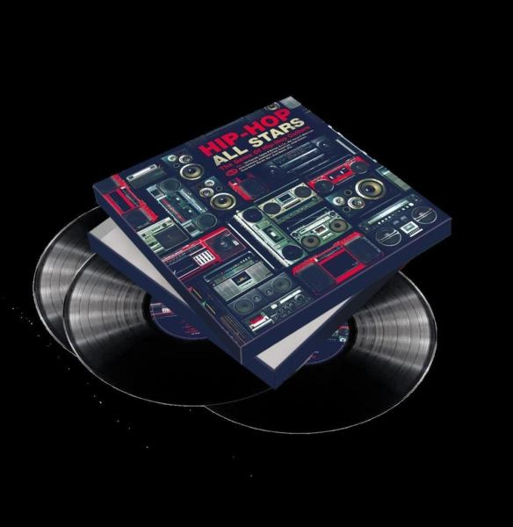 Libro sugli Hip-Hop All Stars con boombox e dischi in vinile.