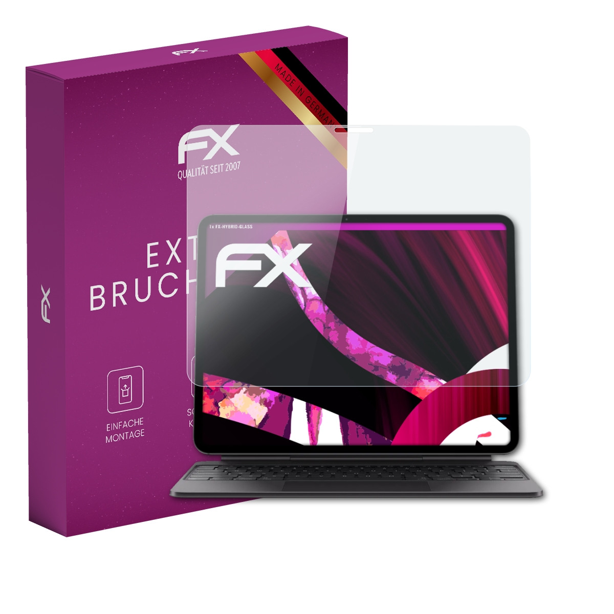 Verpackung und Displayschutzfolie für ein Tablet mit Tastatur. Made in Germany.