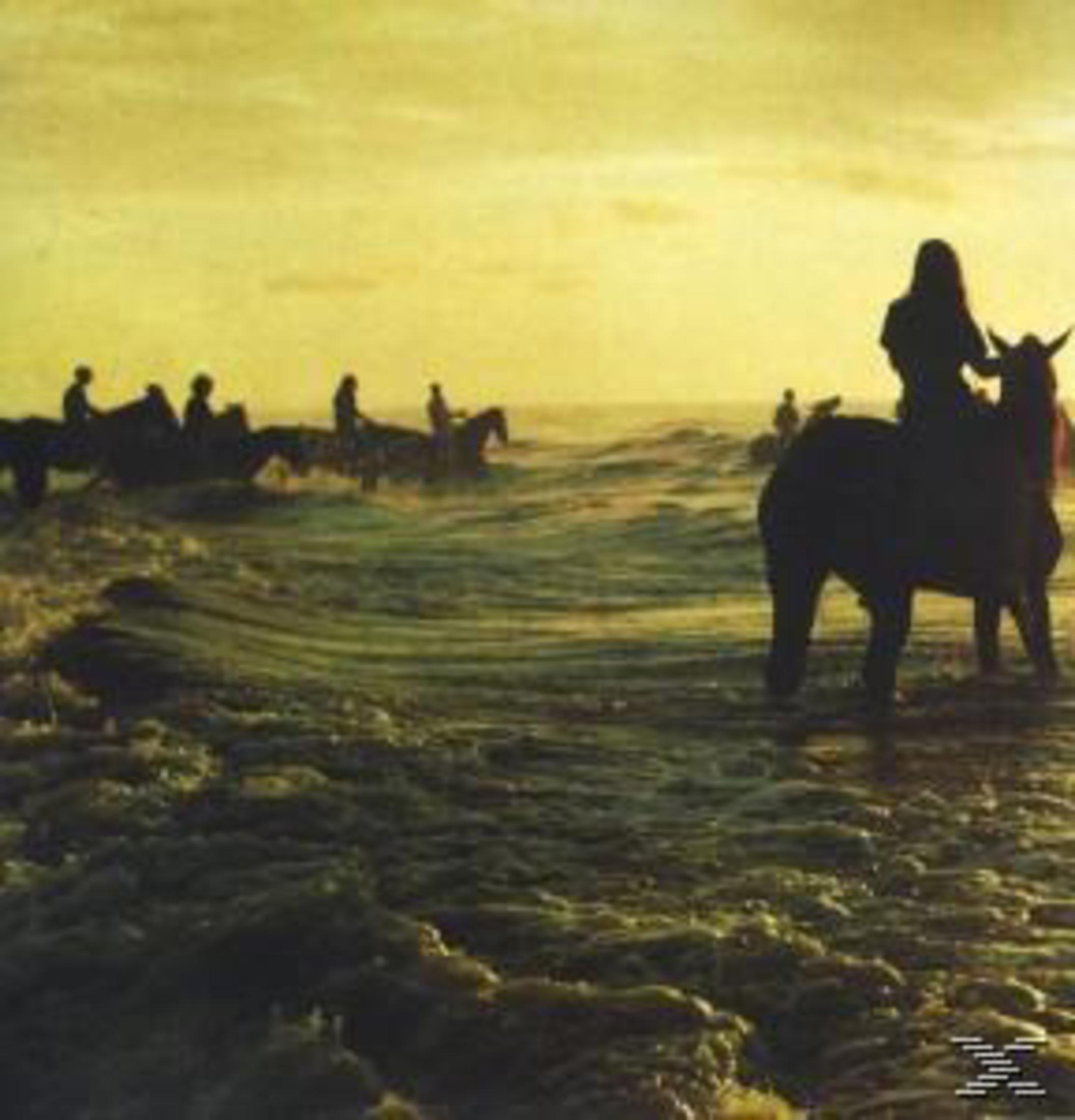 Cavalieri a cavallo cavalcano nel mare al tramonto.