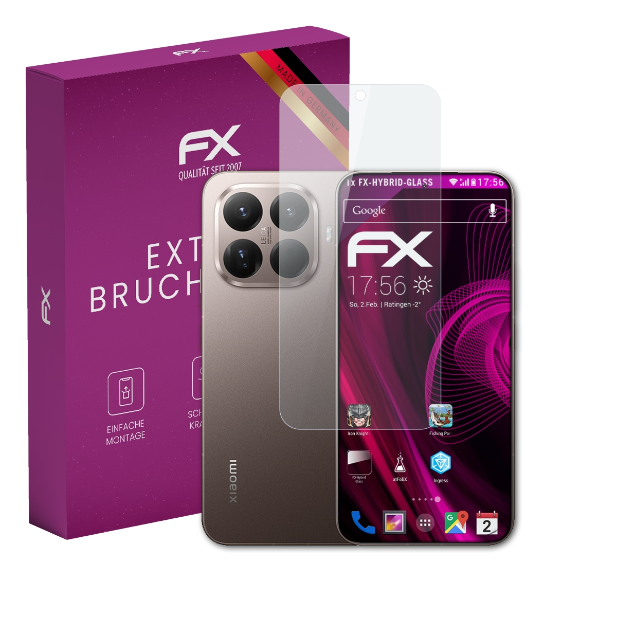 Verpackung und Displayschutzfolie für ein Smartphone mit Kamera und App-Icons.
