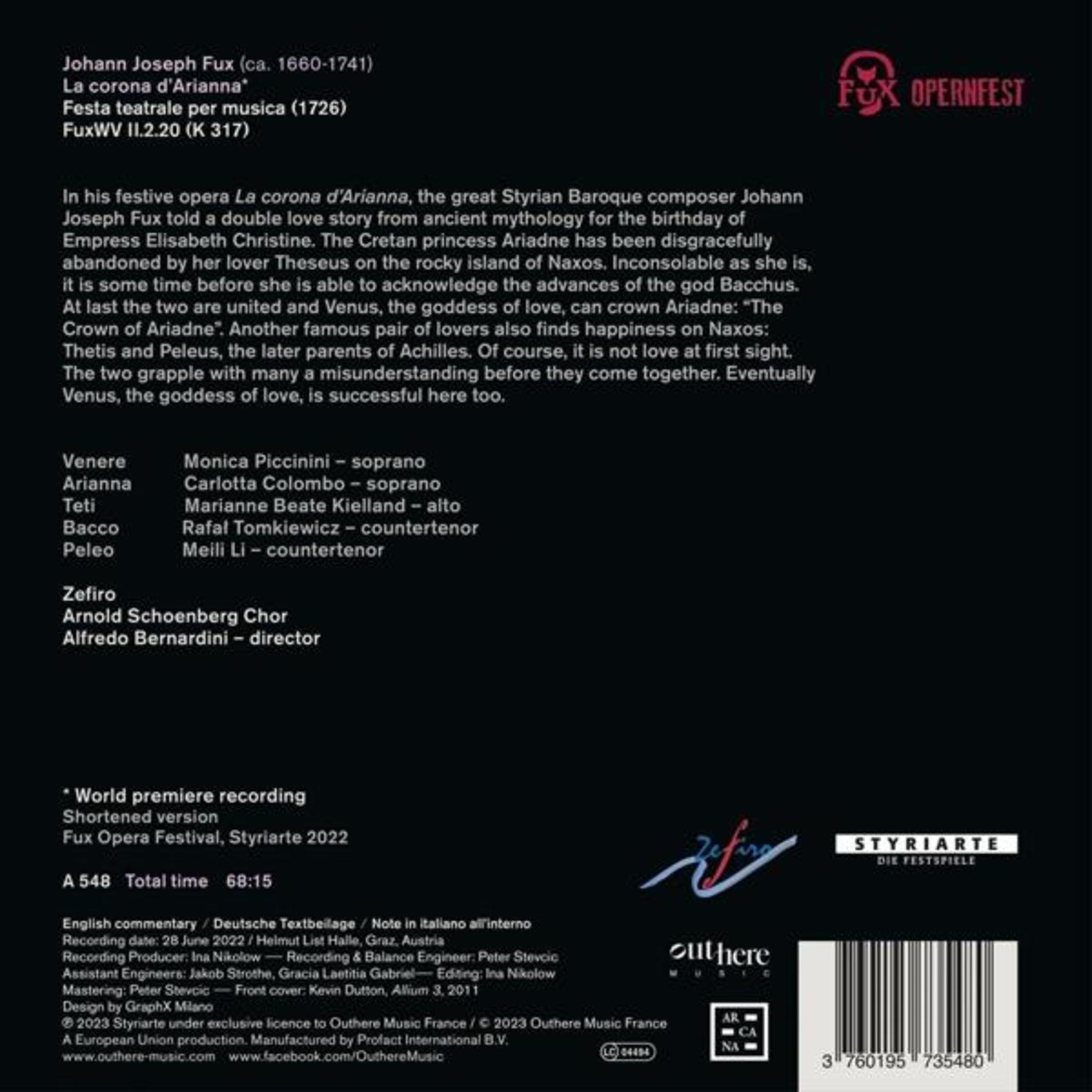 Copertina CD con titolo, compositore, elenco cast e dettagli di produzione.