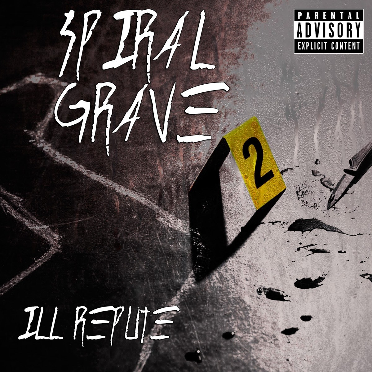 Copertina album con testo "Spiral Grave", segnaposto scena del crimine e coltello.