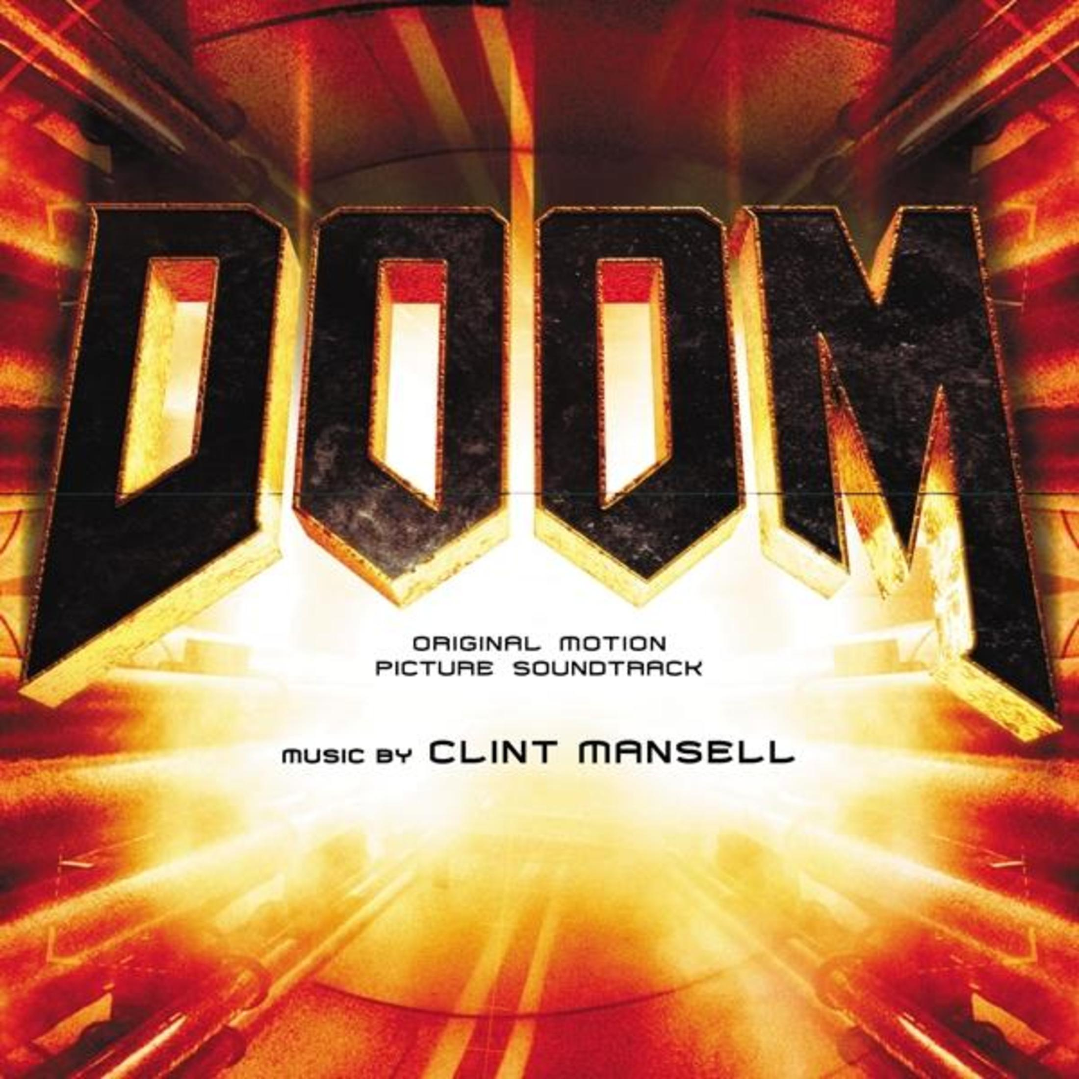 Il logo DOOM in 3D su sfondo rosso e giallo.