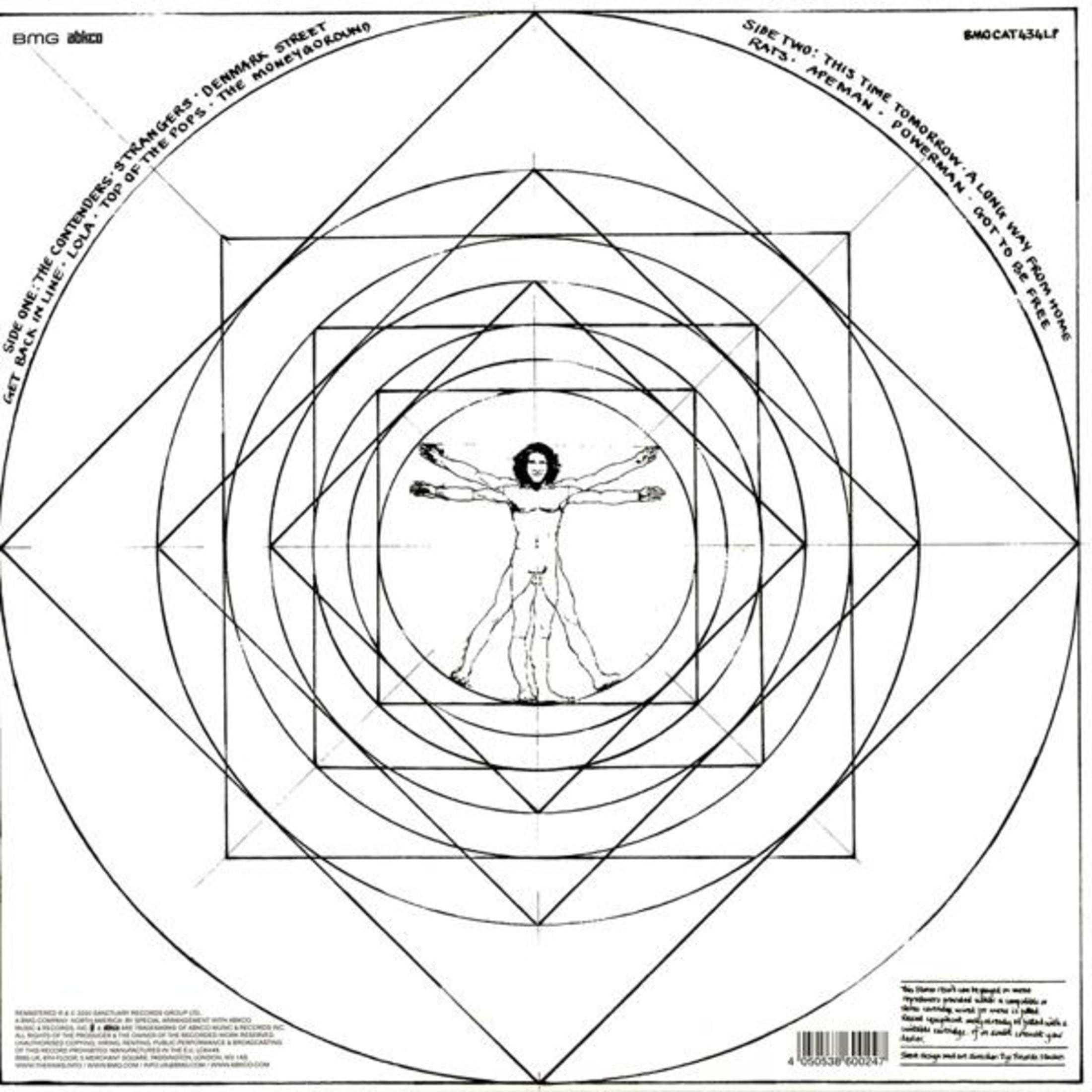 Uomo vitruviano in cerchi geometrici, con titoli di canzoni.