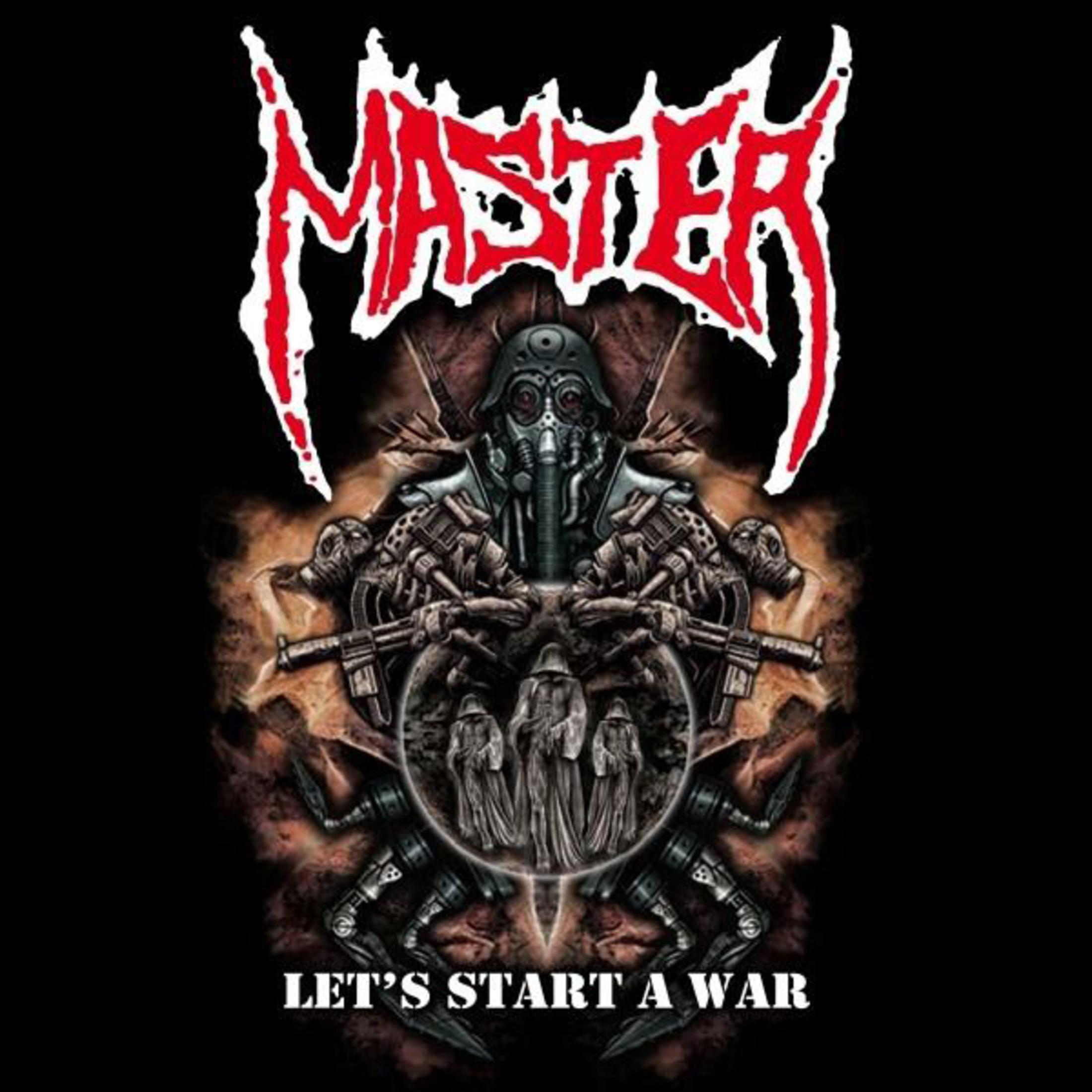 Un uomo in maschera antigas con armi e figure di soldati. Testo: LET'S START A WAR.