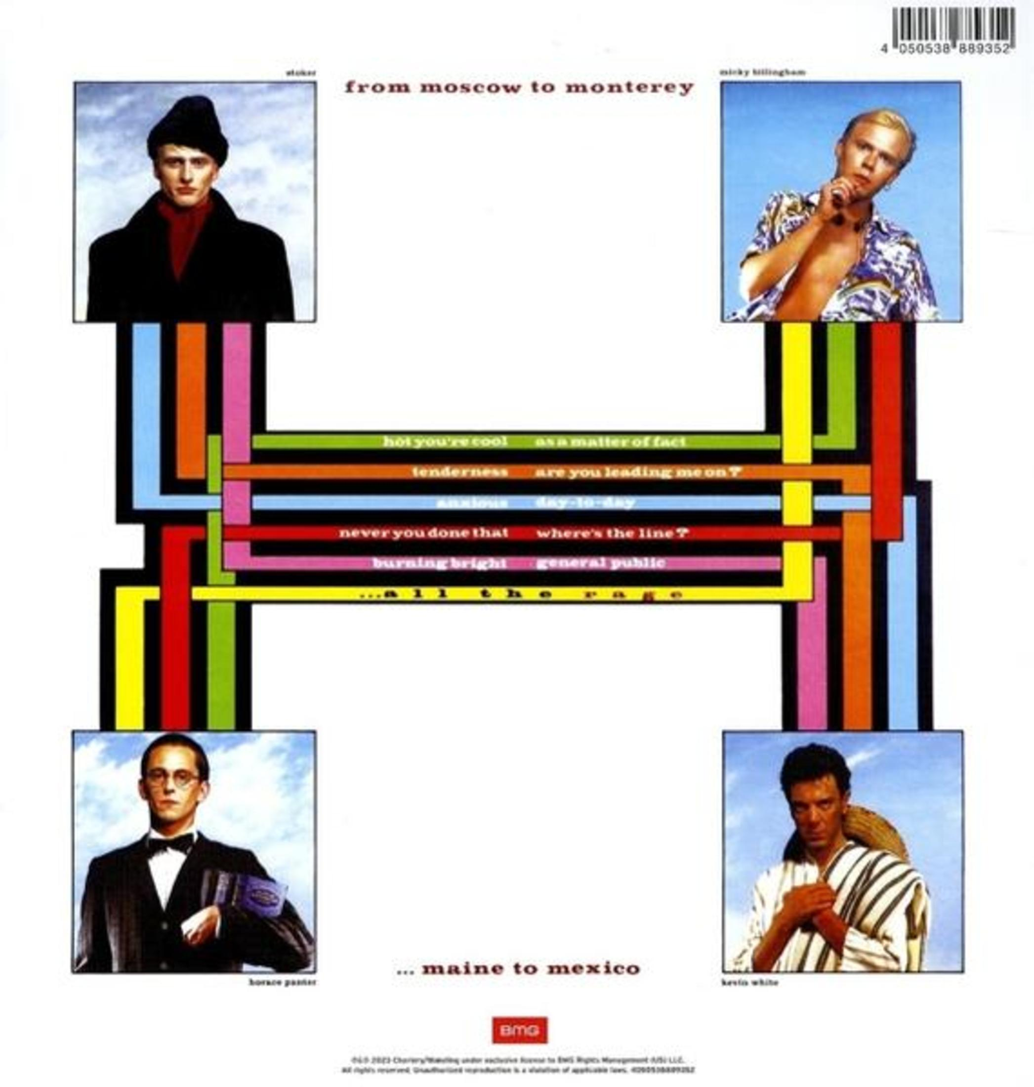 Quattro ritratti di uomini con barre colorate e titoli di canzoni su sfondo bianco.