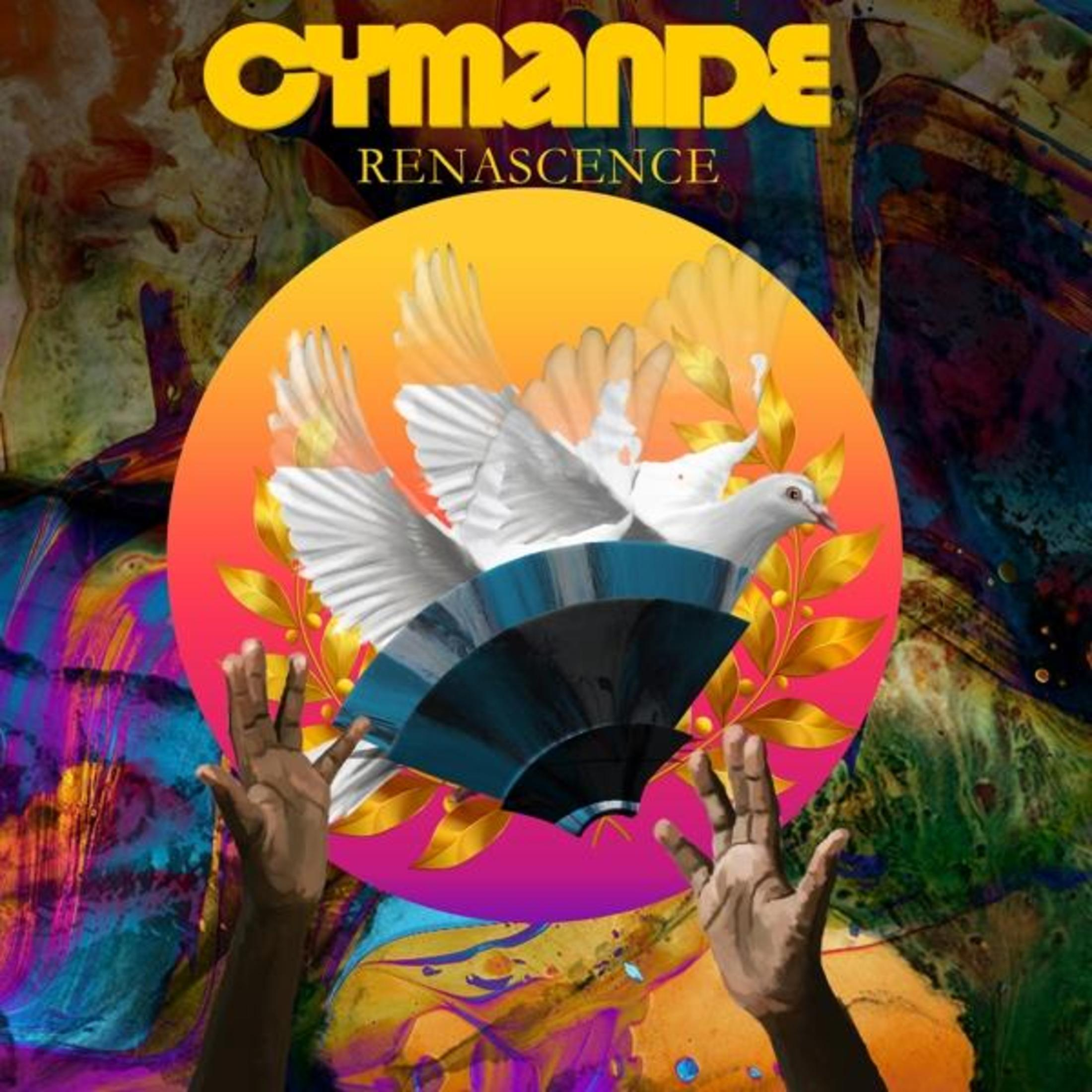 Copertina album: Testo giallo 'Cymande' su arte astratta. Colomba bianca vola da ventaglio.