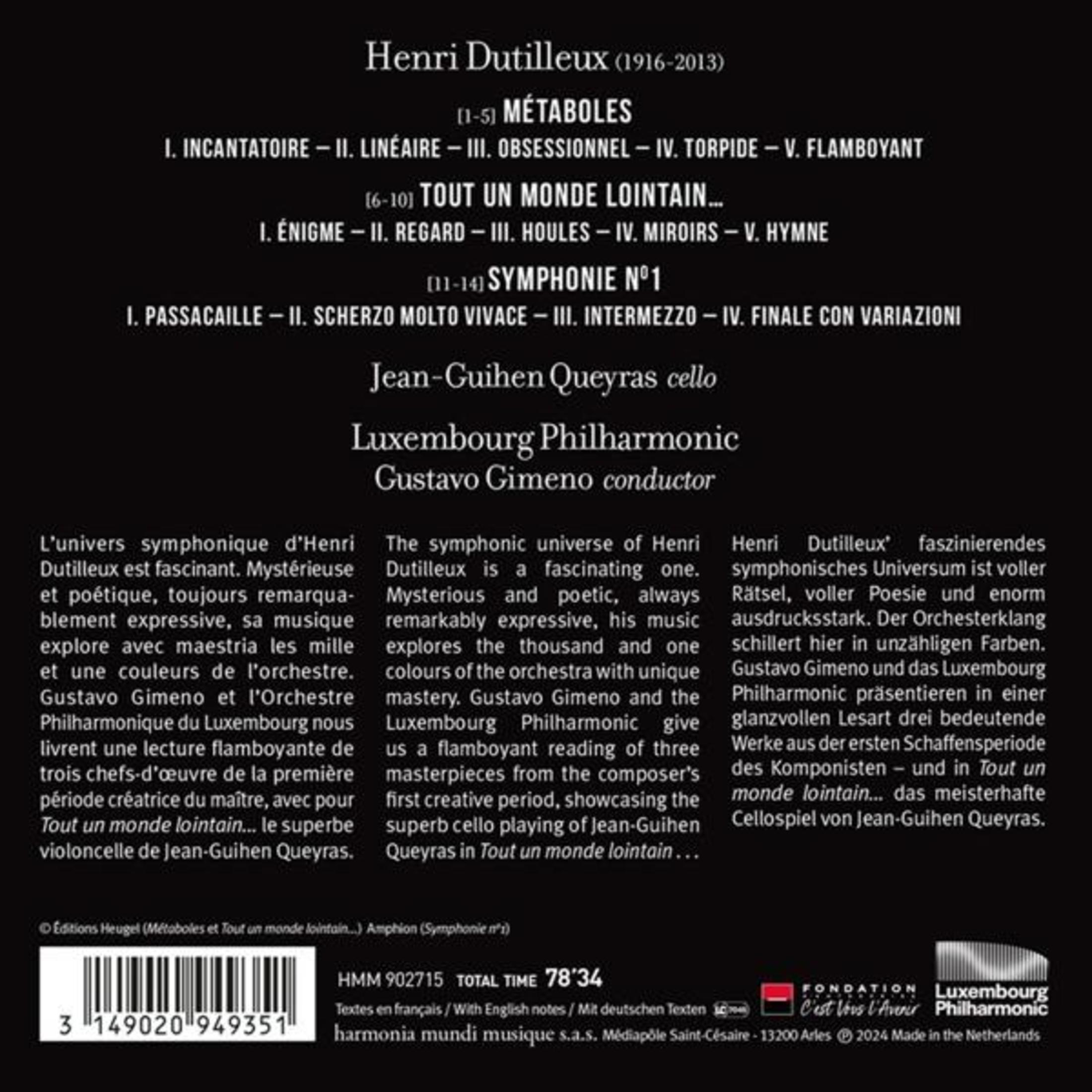 Copertina album con elenco opere di Henri Dutilleux, Jean-Guihen Queyras (violoncello).