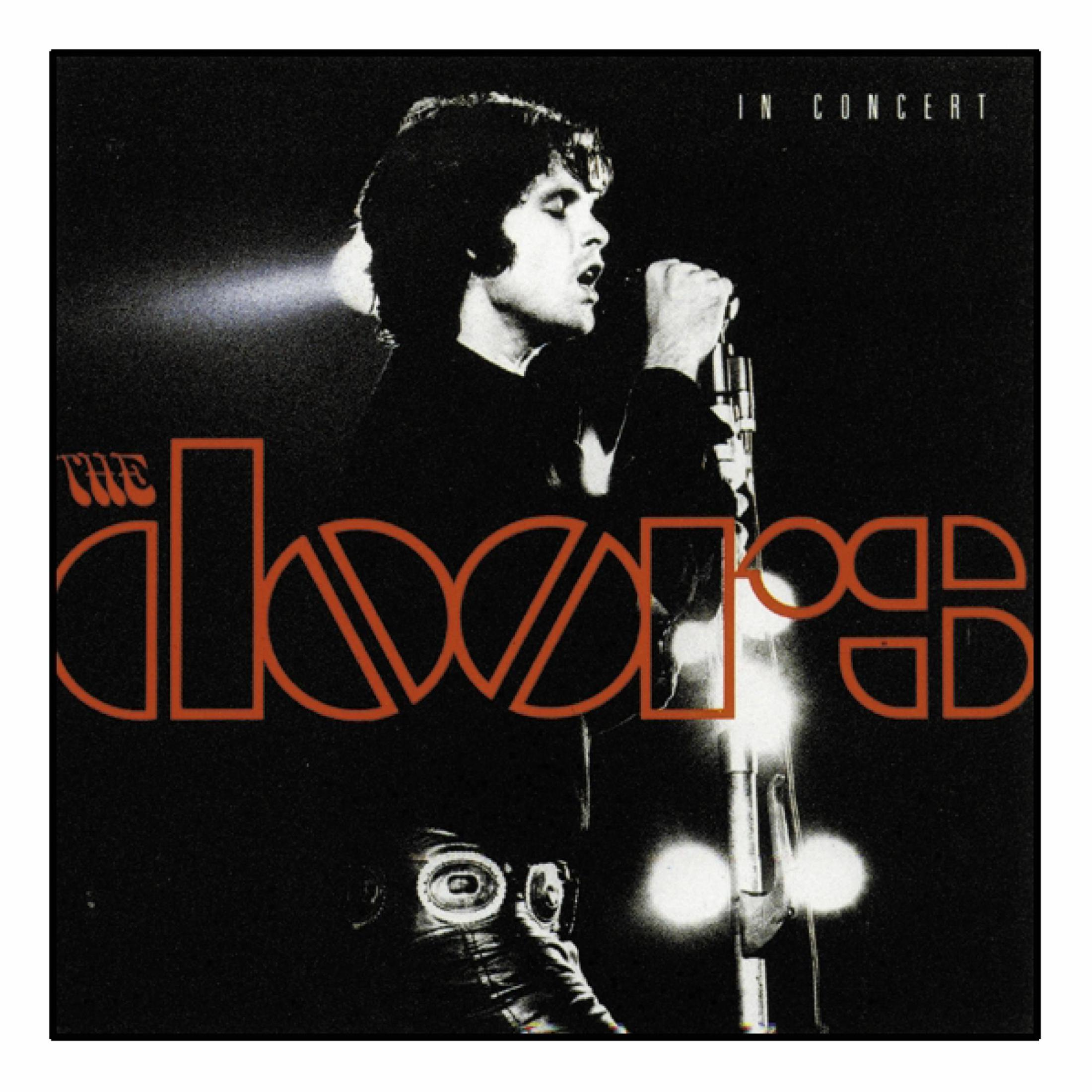 Jim Morrison canta nel microfono, illuminato dai riflettori. Logo "The Doors".