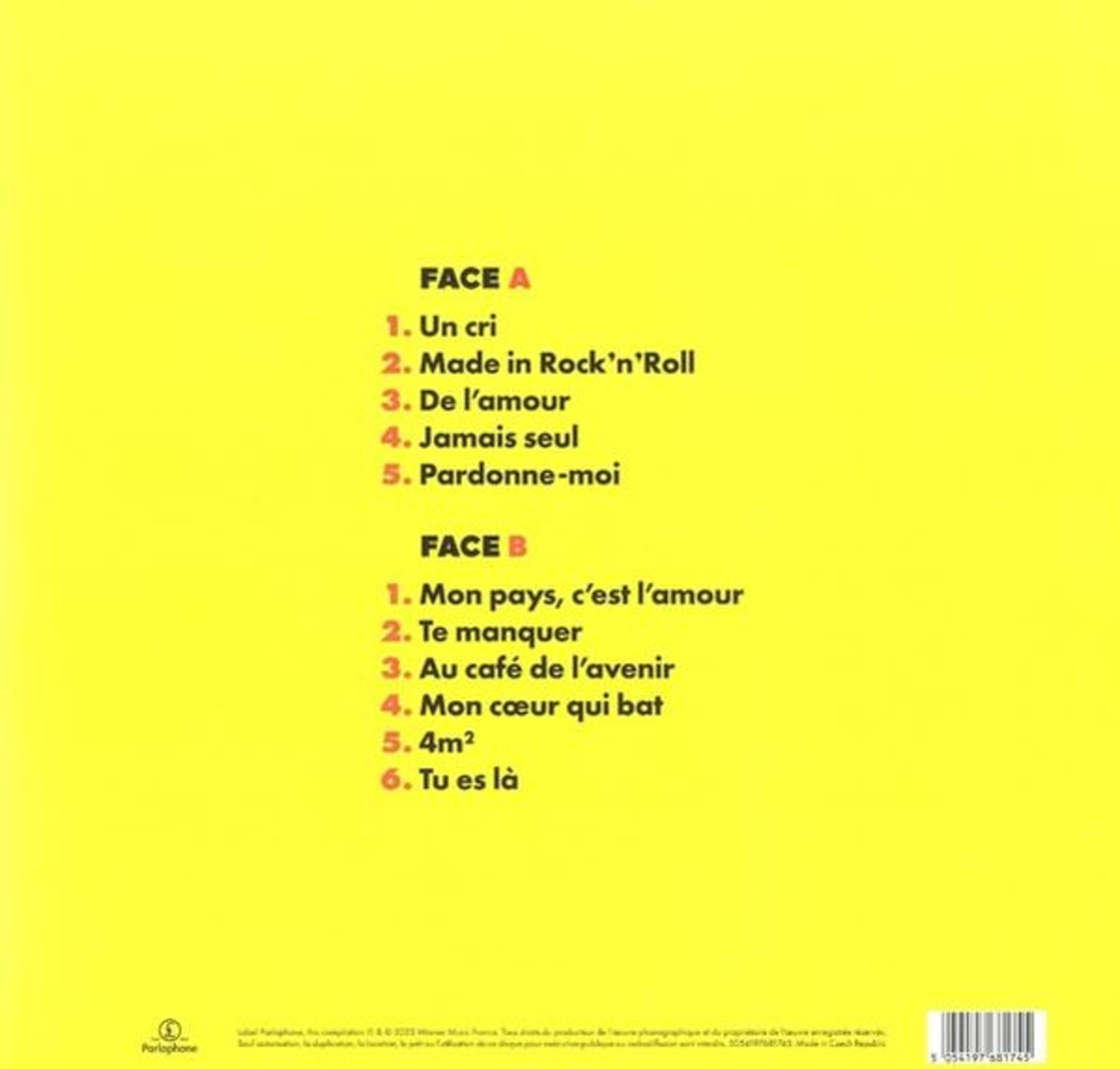Sfondo giallo con elenco canzoni per FACE A e FACE B.
