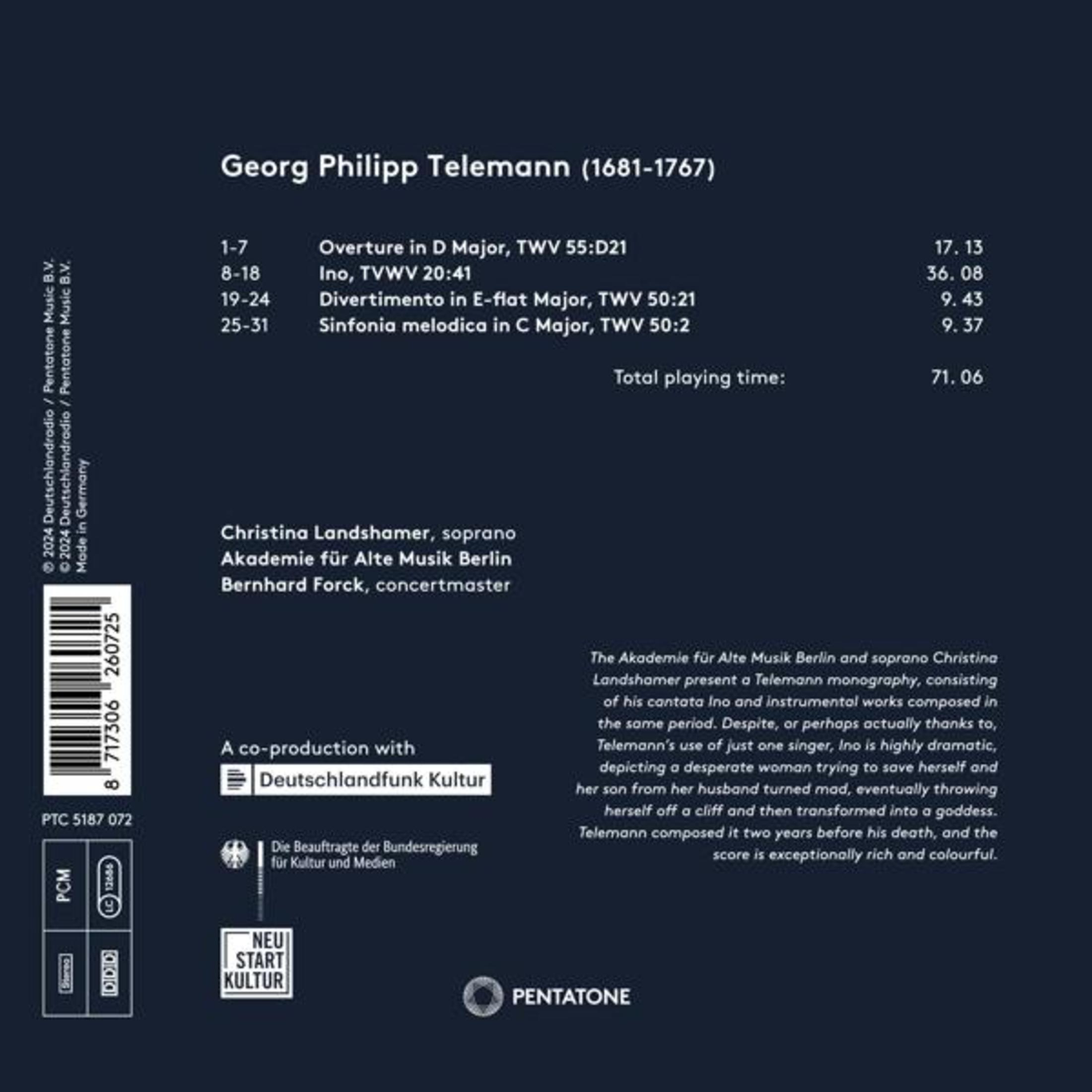 Georg Philipp Telemann (1681-1767) CD-hoes met tracklijst en credits.