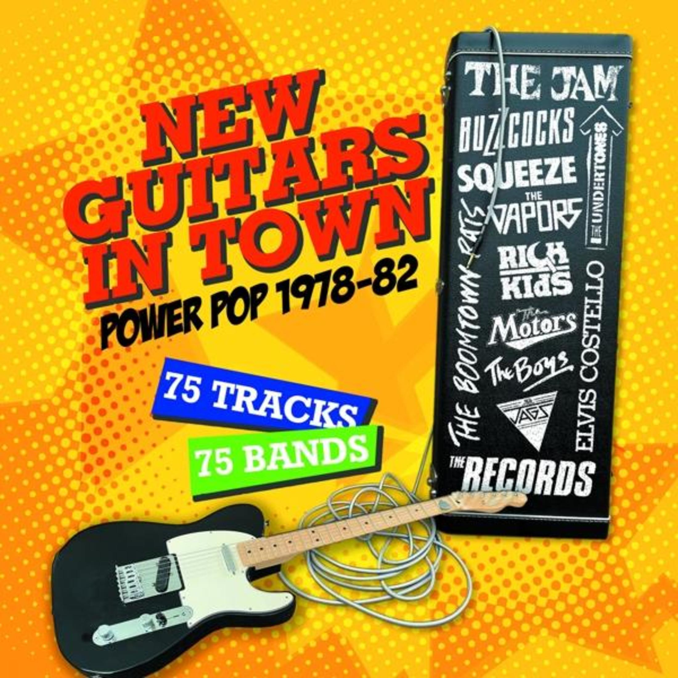 Een zwarte elektrische gitaar albumhoes met rode tekst "New Guitars in Town".
