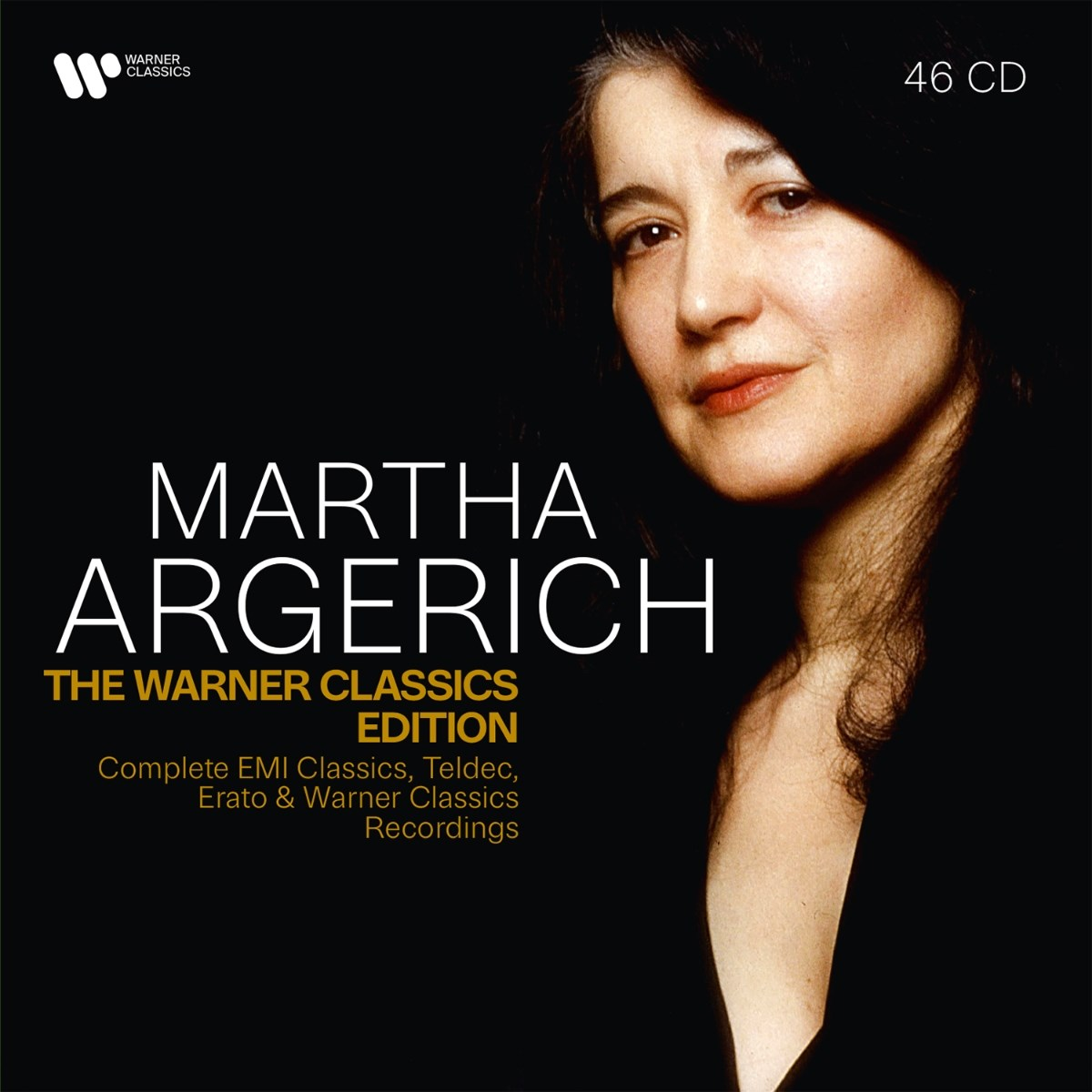 Ritratto di Martha Argerich, con testo: MARTHA ARGERICH, THE WARNER CLASSICS EDITION, 46 CD.