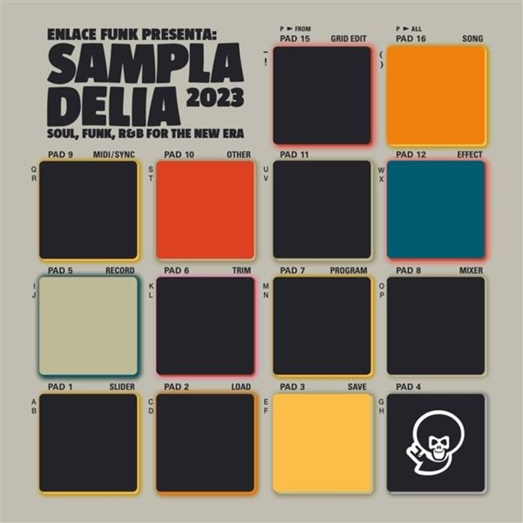 Muziek sampler interface met 16 pads, sommige gekleurd, andere zwart. Getiteld 'Sampladelia 2023'.