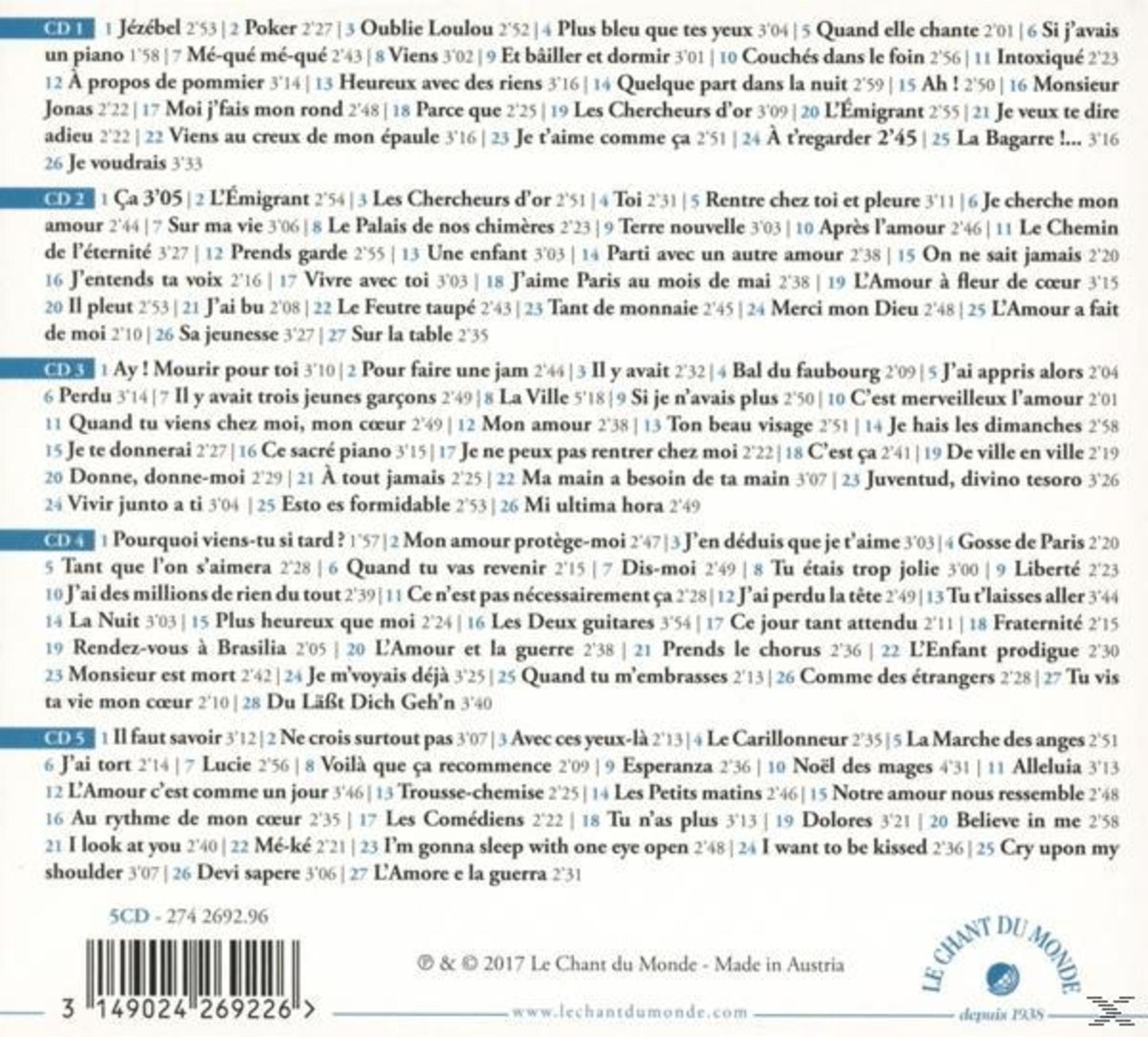 CD-lijst met titels en tijden. Bevat 5 cd's, barcode en logo.