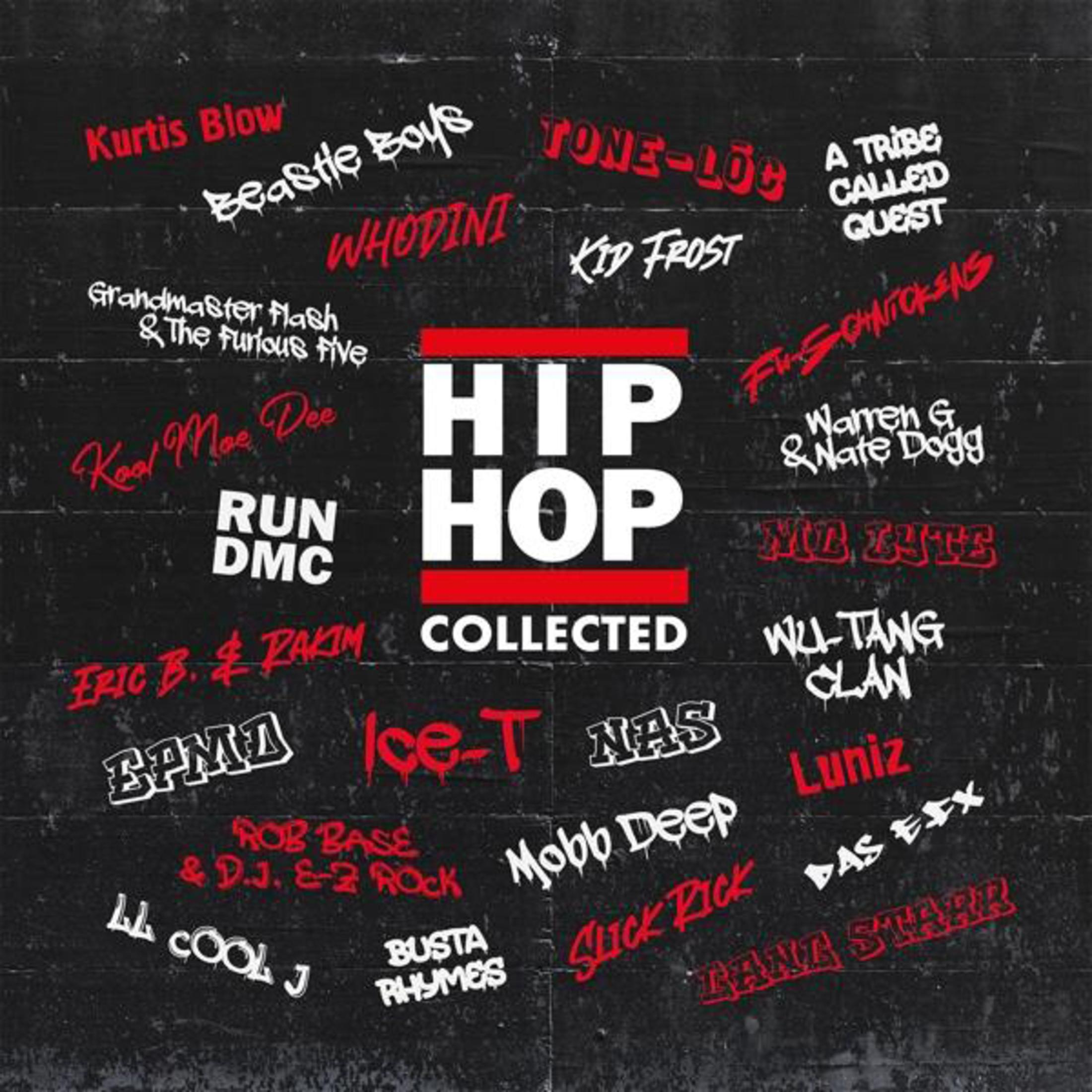 Hip Hop Collected tekst met veel artiestennamen op zwarte achtergrond.