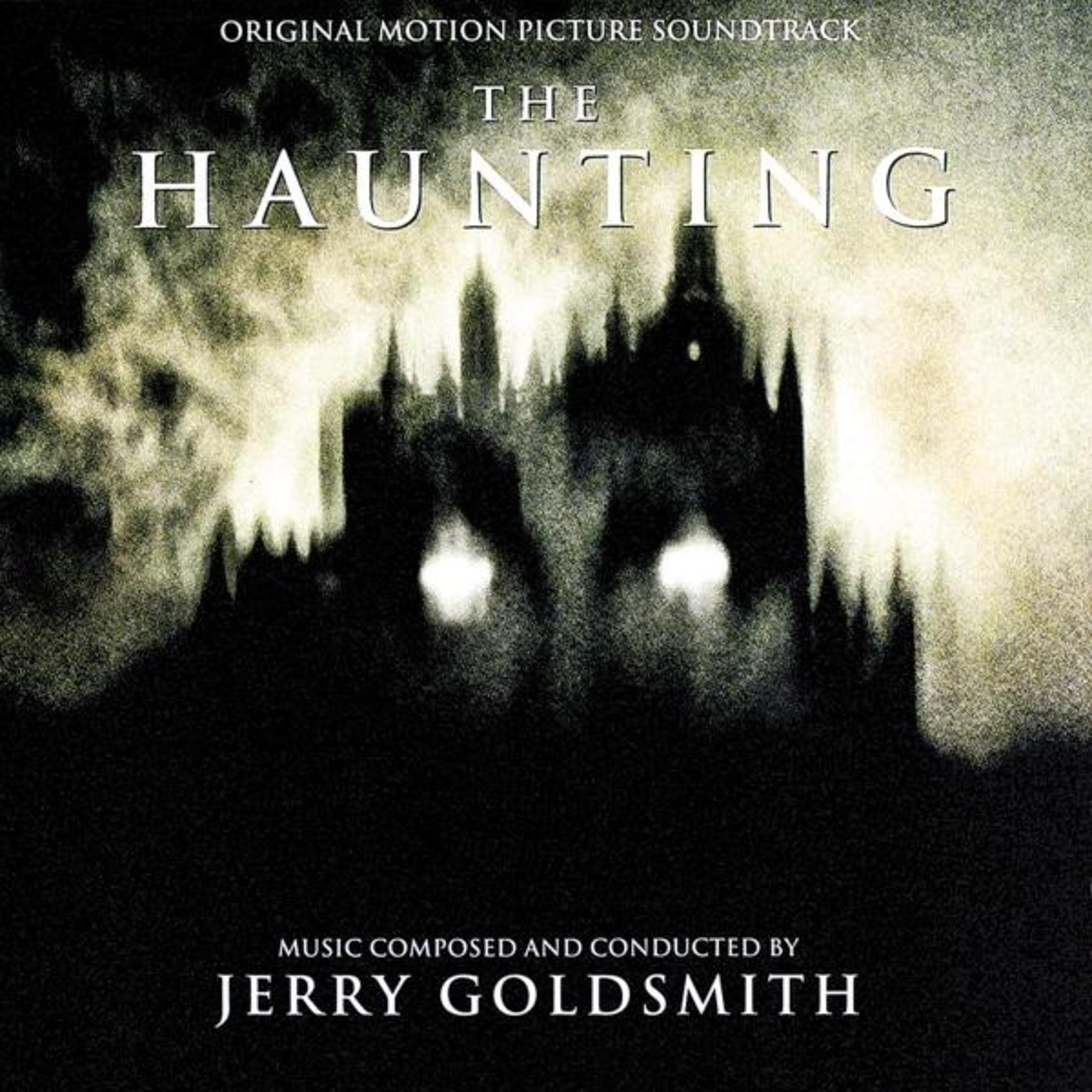 La copertina della colonna sonora di The Haunting mostra un maniero oscuro e stilizzato con occhi luminosi.