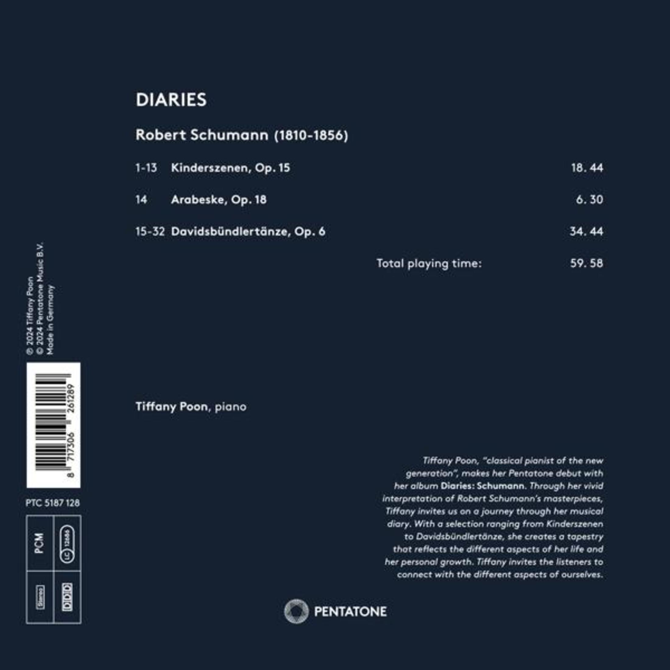 Album "Diaries" di Robert Schumann, eseguito da Tiffany Poon, con elenco tracce.