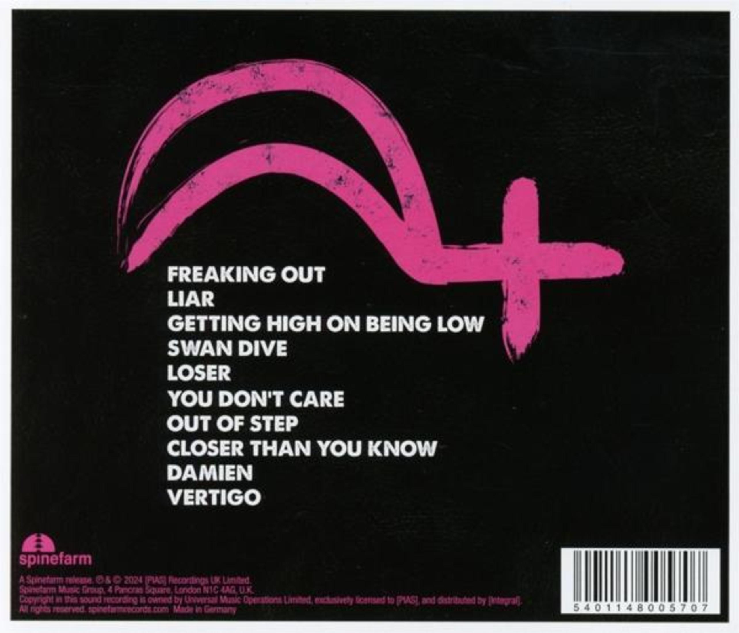 Sfondo nero con simbolo astratto rosa e lista di canzoni.