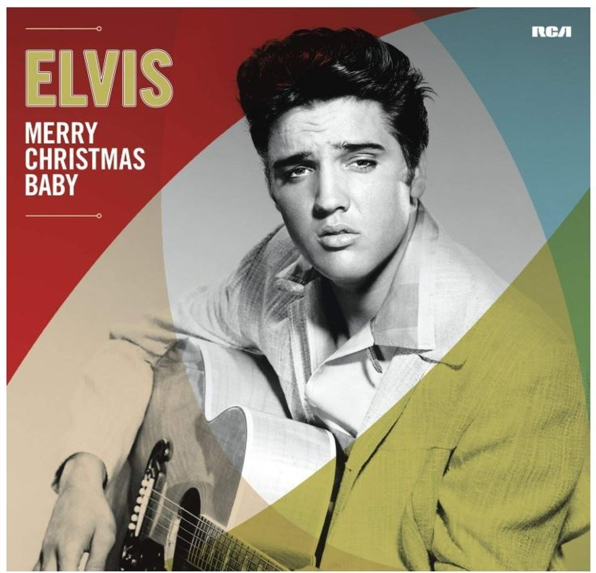 Elvis Presley suona la chitarra, logo RCA, testo "Elvis Merry Christmas Baby".