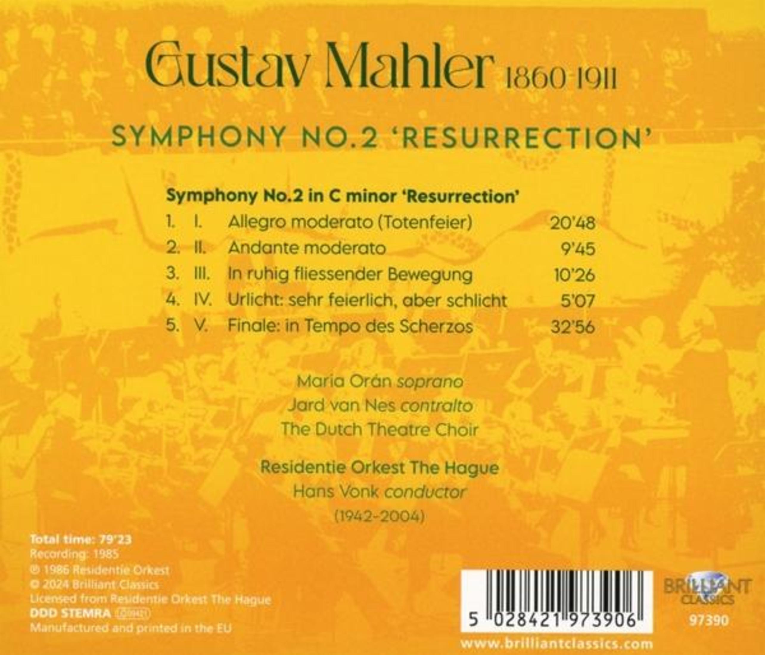 Gustav Mahler Symfonie 2 tracklist met solisten en orkestdetails op gele achtergrond.