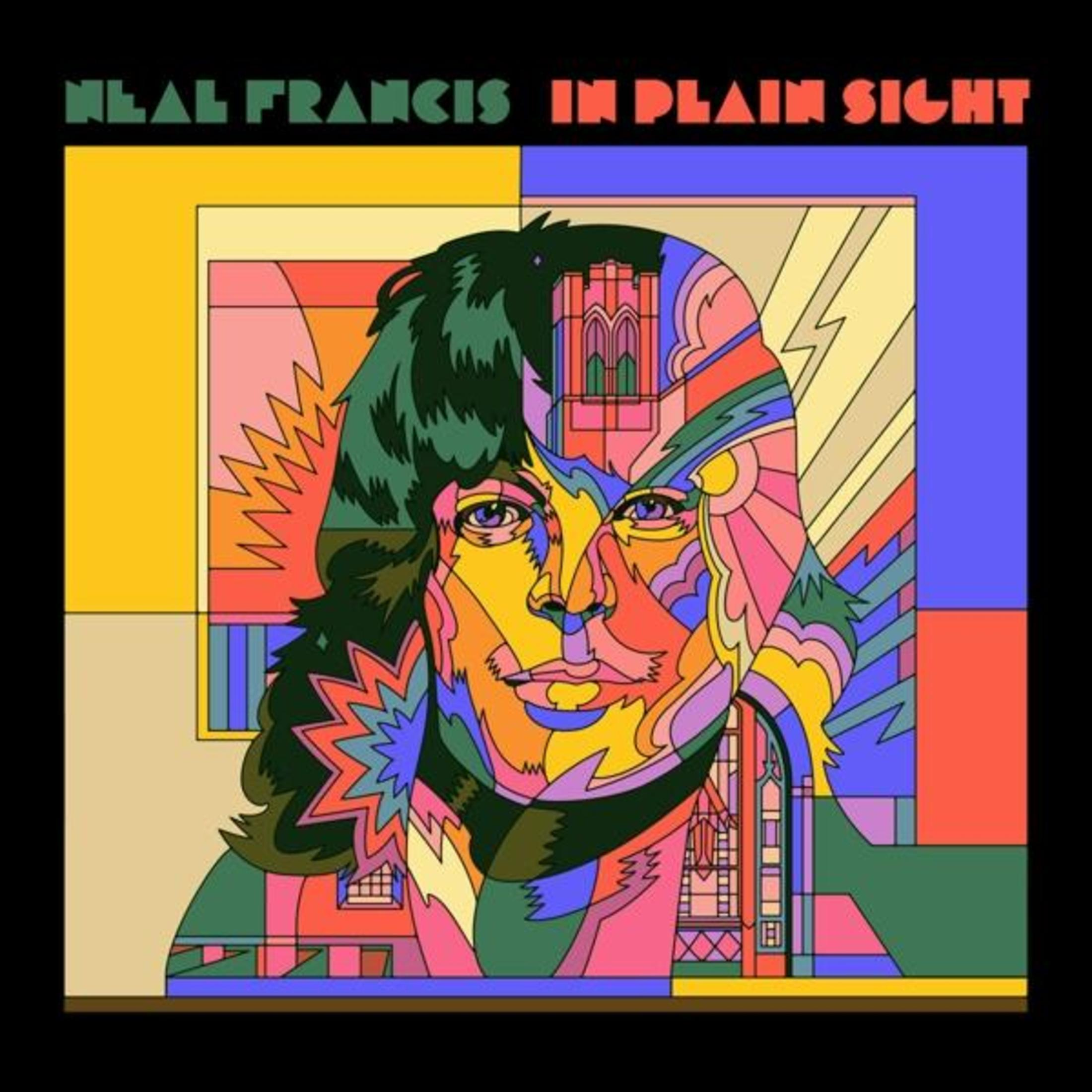 Ritratto astratto con forme geometriche colorate e testo "NEAL FRANCIS IN PLAIN SIGHT".
