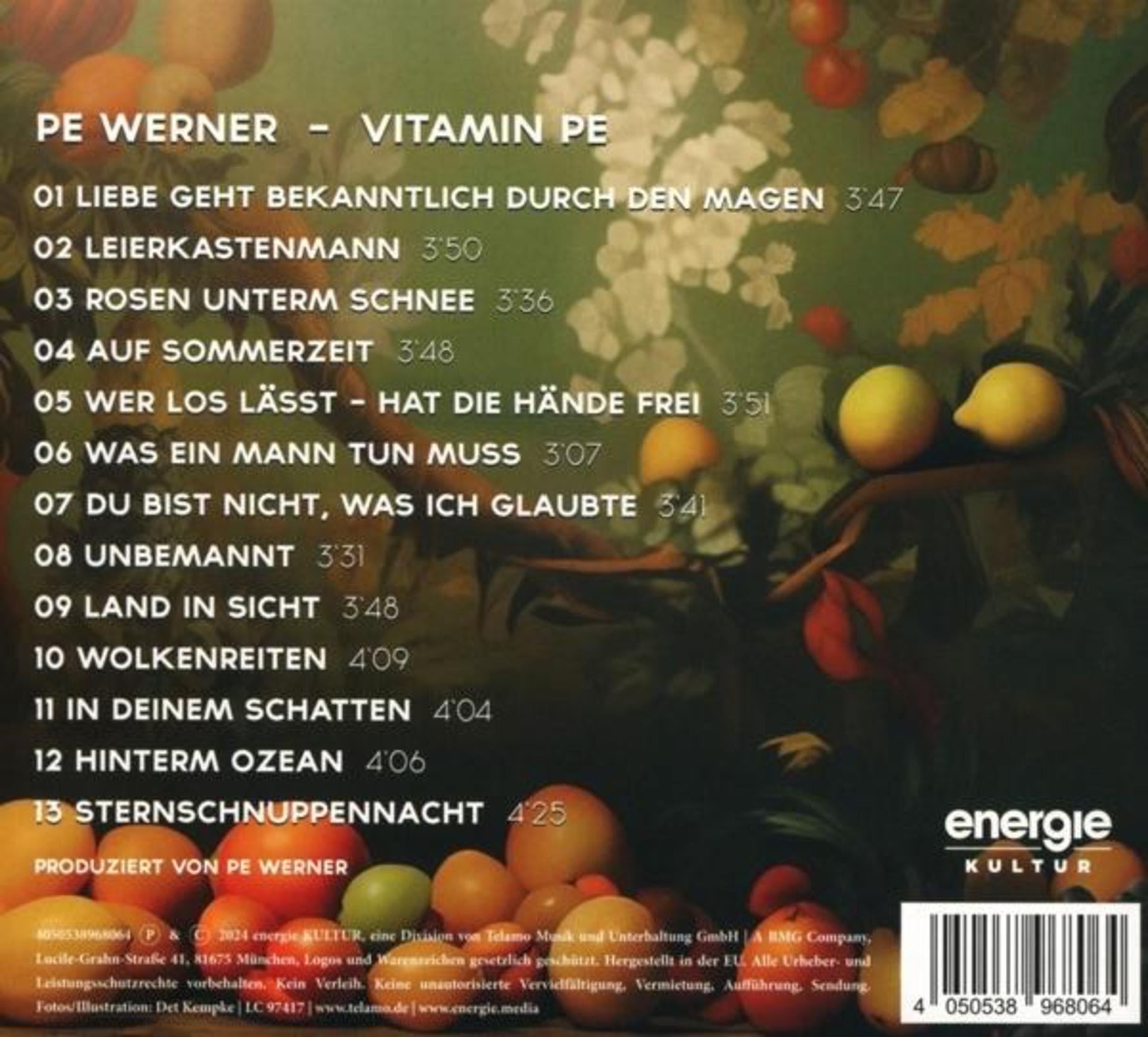 CD-hoes met songlist van PE WERNER - VITAMIN PE. Vruchten op de voorgrond.
