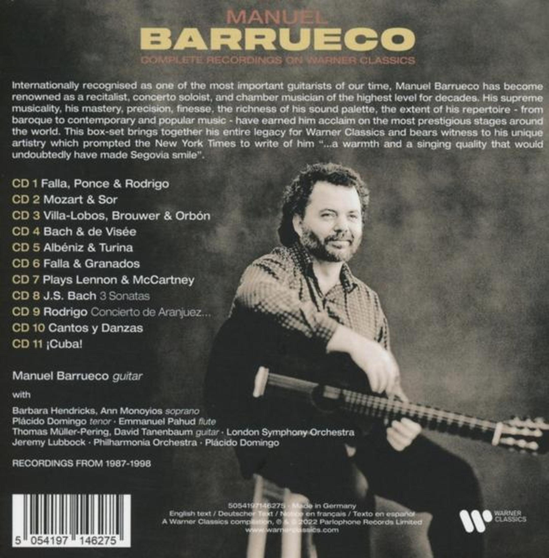 Manuel Barrueco suona la chitarra, con elenco brani e copertina. Uomo con chitarra a sinistra.