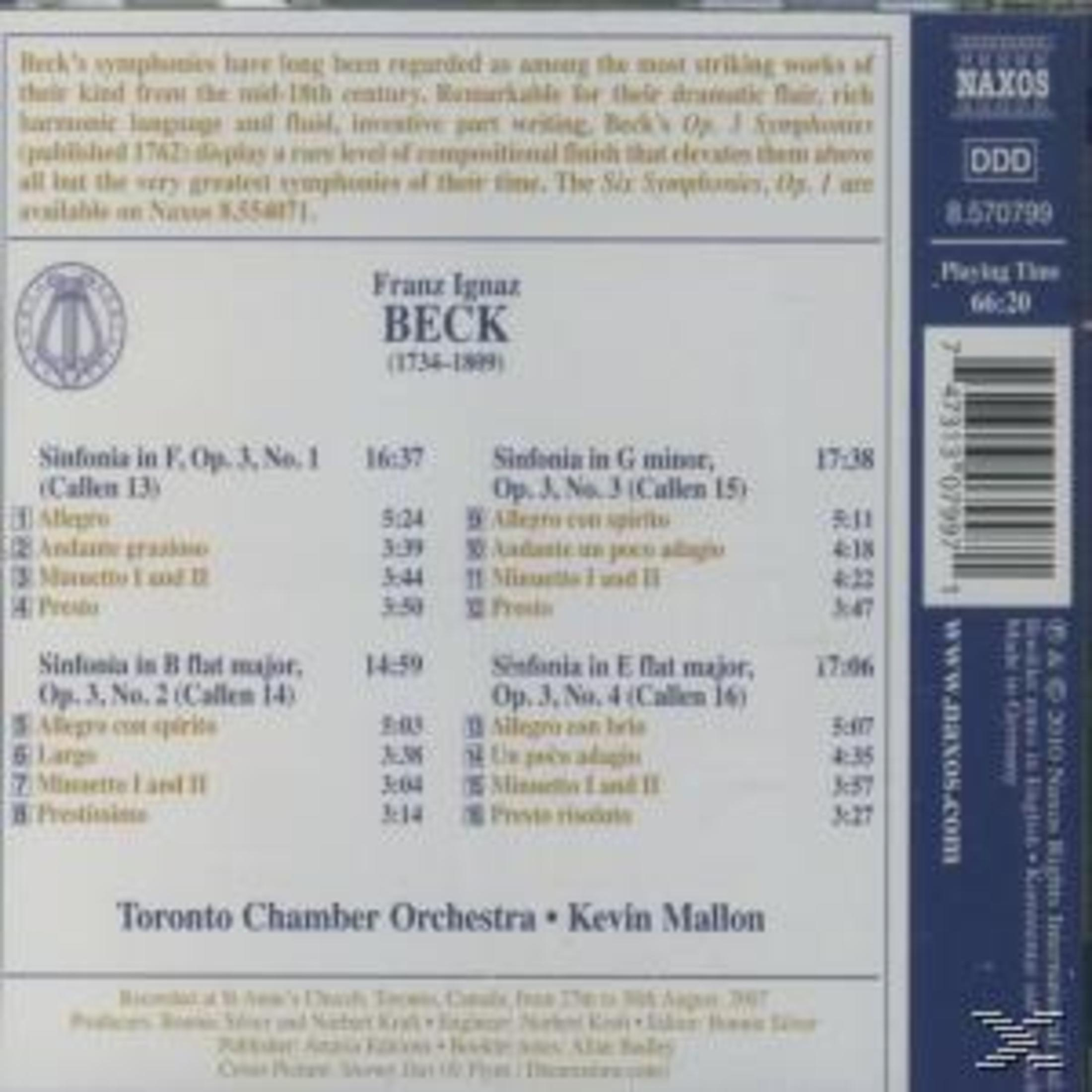 Achterkant CD met tracklist van Franz Ignaz Beck, Naxos label en barcode.