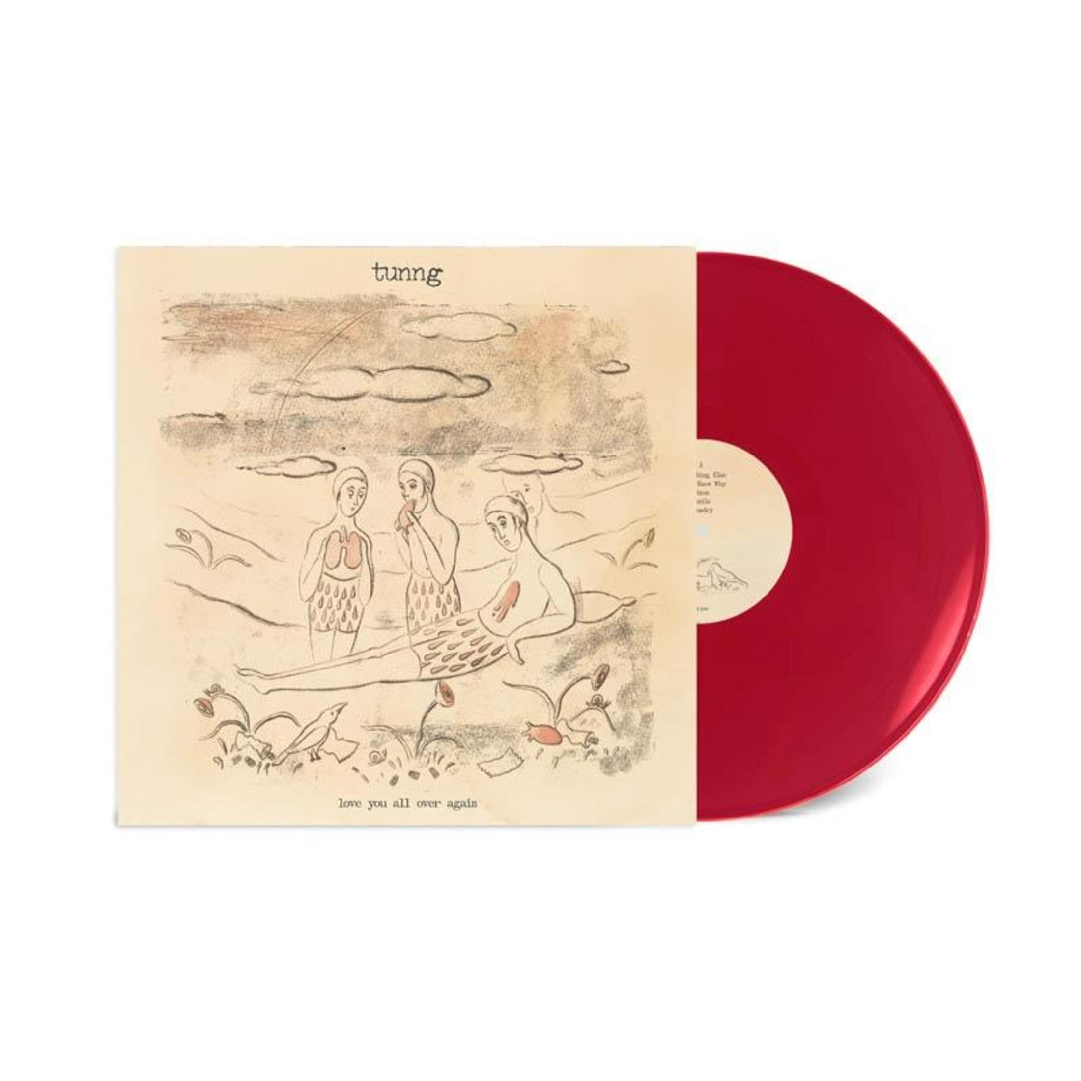 Disco in vinile rosso con un disegno surreale di persone e piante.
